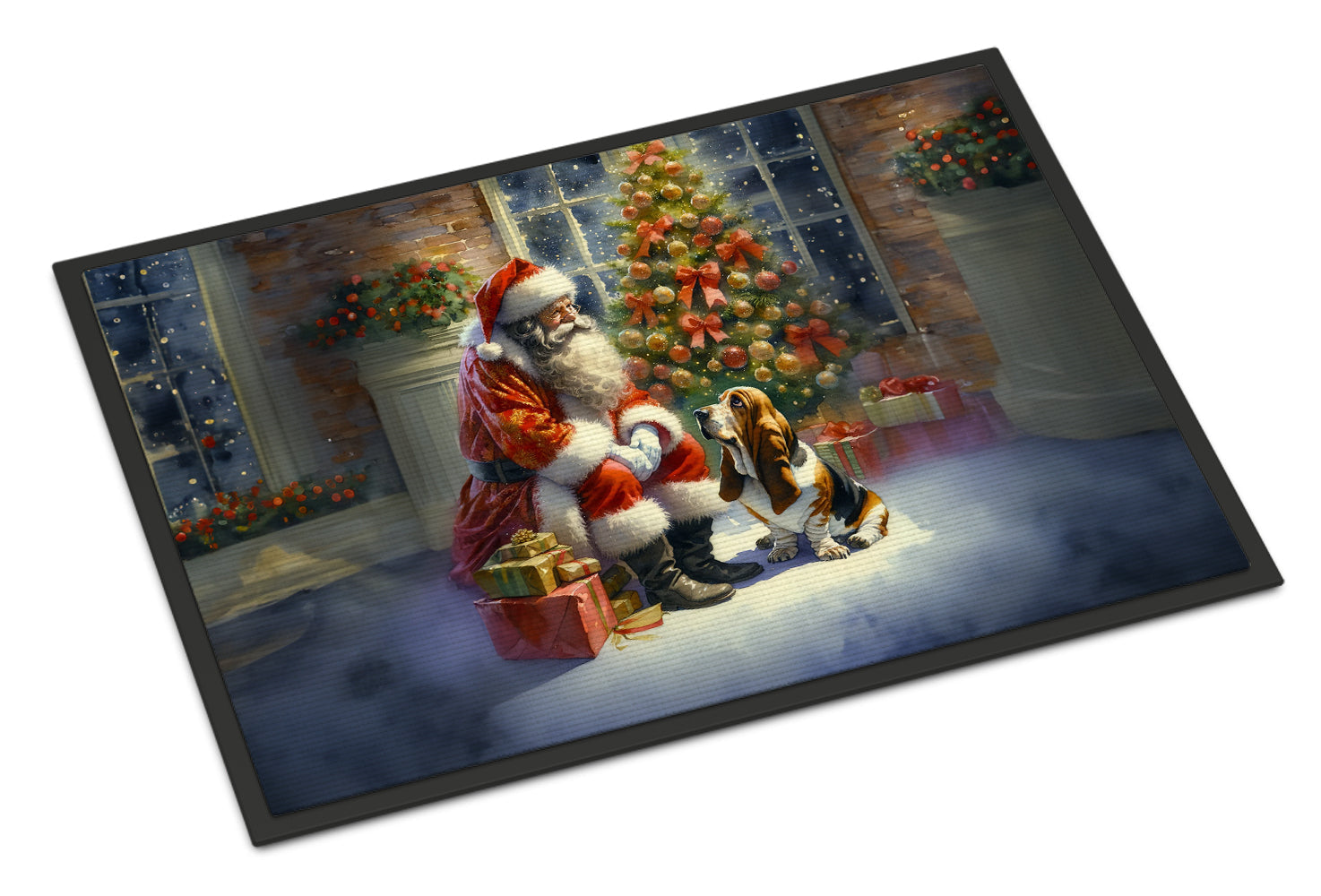 Basset Hound and Santa Claus Doormat Indoor Outdoor 18H X 27W Front Door Mat Rugs for Entryway, Non Slip Washable