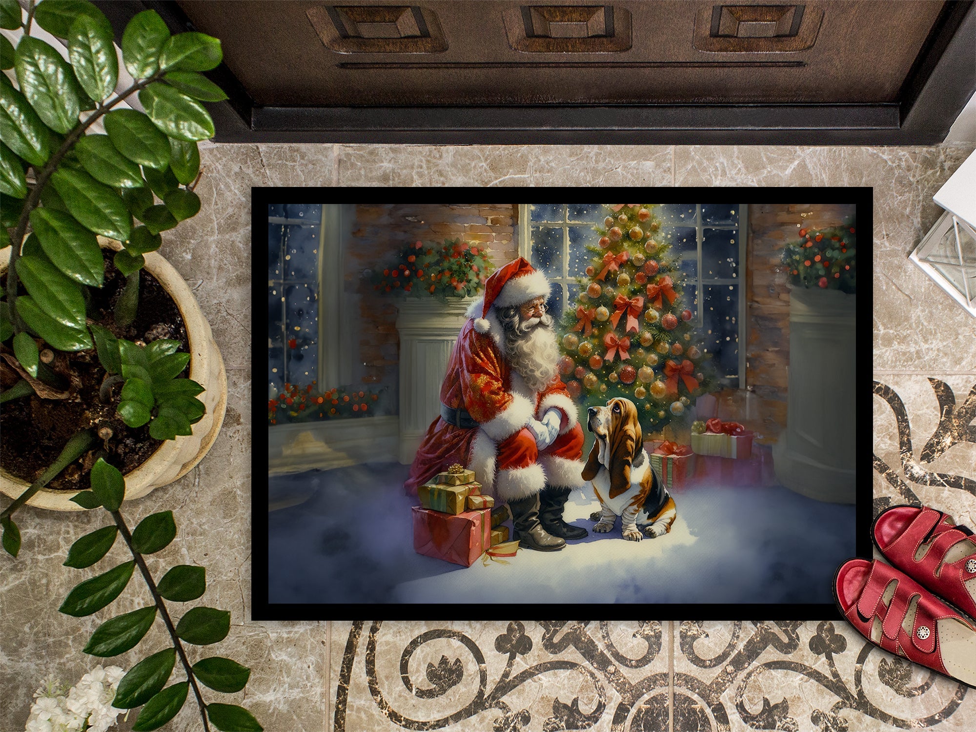 Basset Hound and Santa Claus Doormat Indoor Outdoor 18H X 27W Front Door Mat Rugs for Entryway, Non Slip Washable