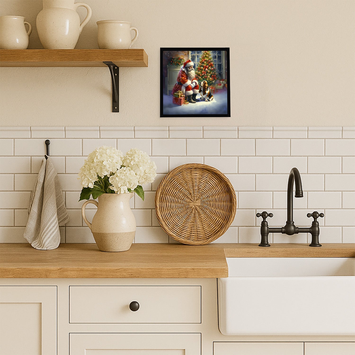 Basset Hound and Santa Claus Framed Metal Print Bathroom, Kitchen, Office, Home Decor Wall Art Ready to Hang, Square, 8X8