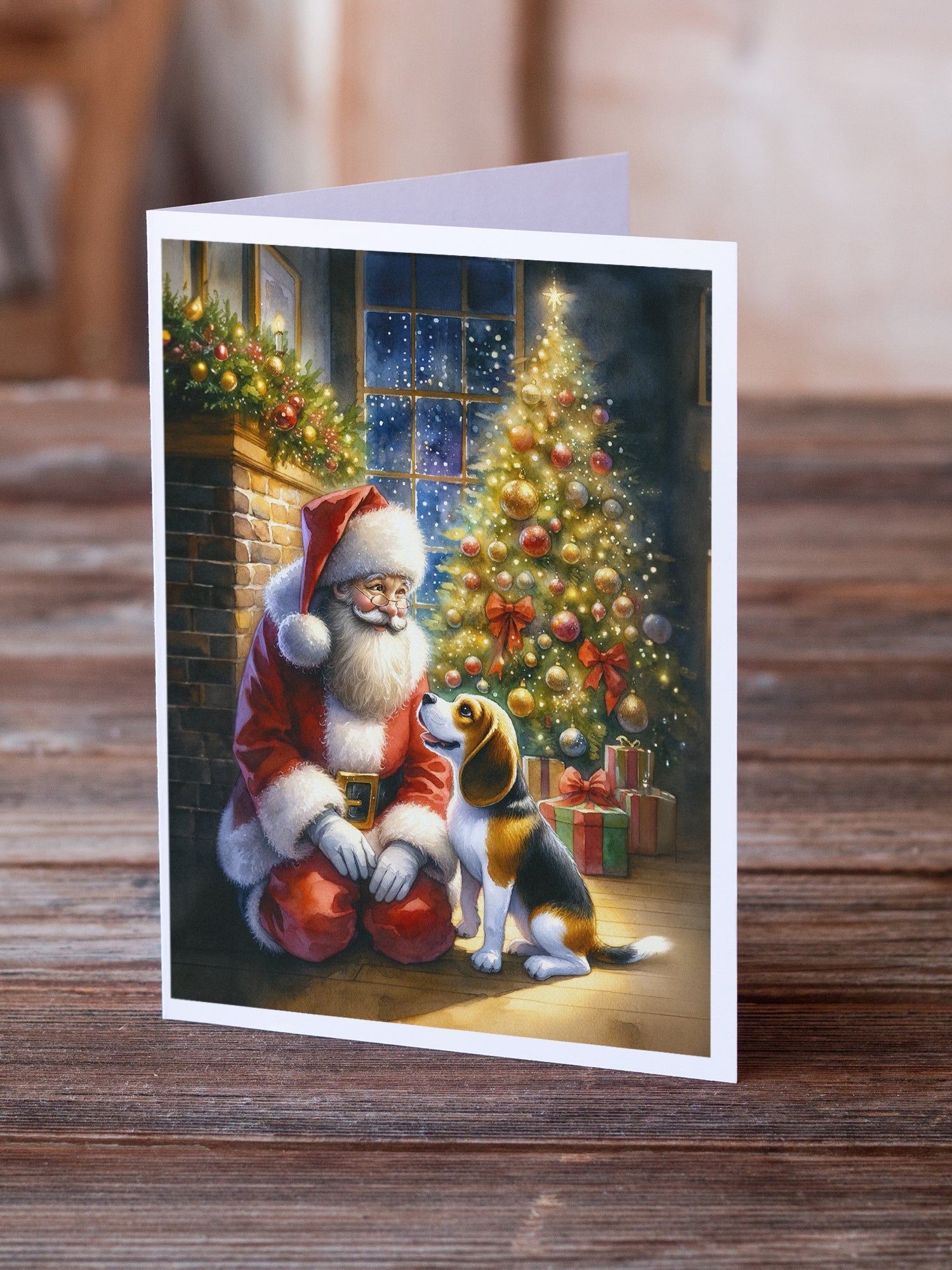 Beagle and Santa Claus Greeting Cards Pack of 8 Blank Cards with Envelopes Whimsical A7 Size 5x7
