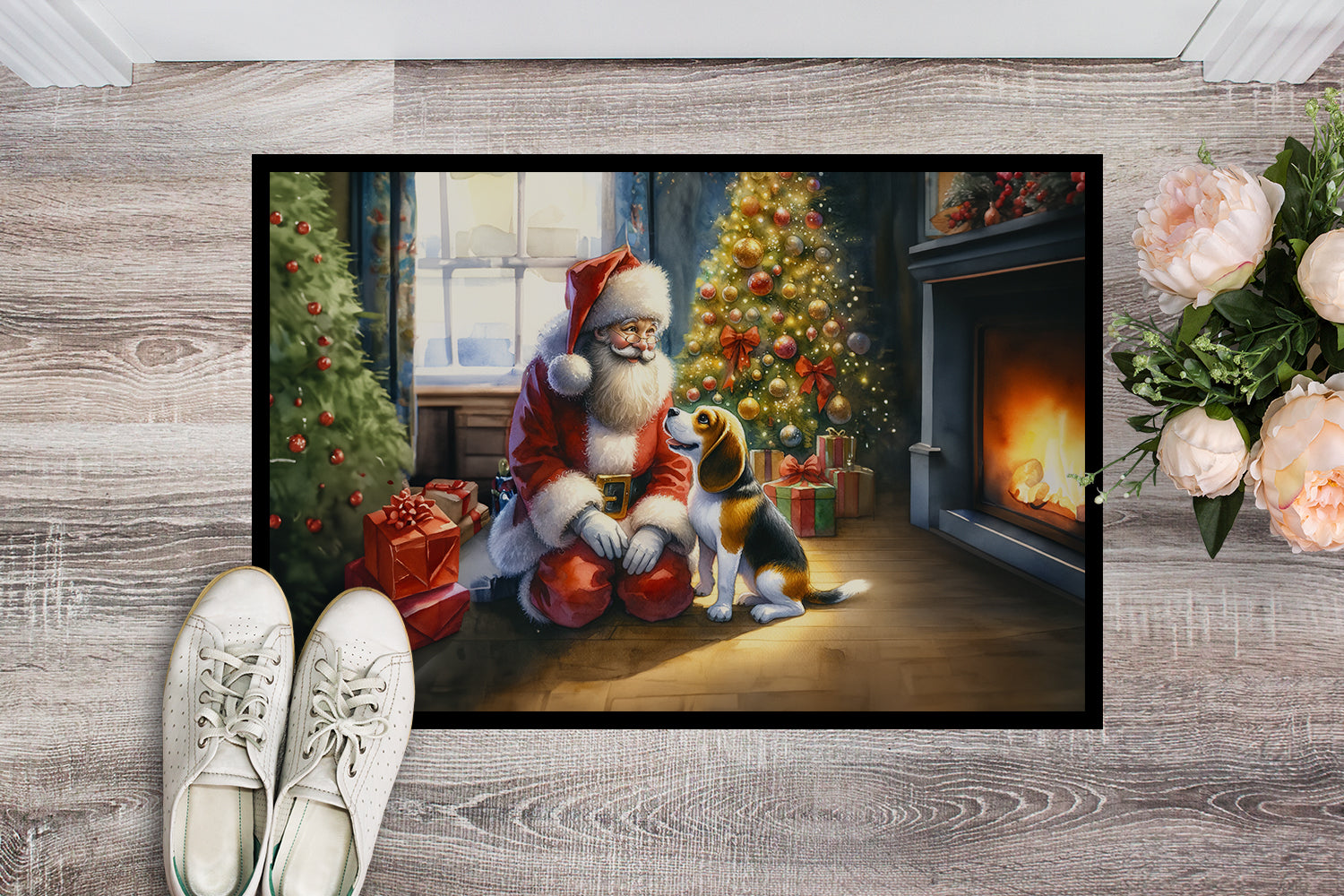 Beagle and Santa Claus Doormat Indoor Outdoor 18H X 27W Front Door Mat Rugs for Entryway, Non Slip Washable