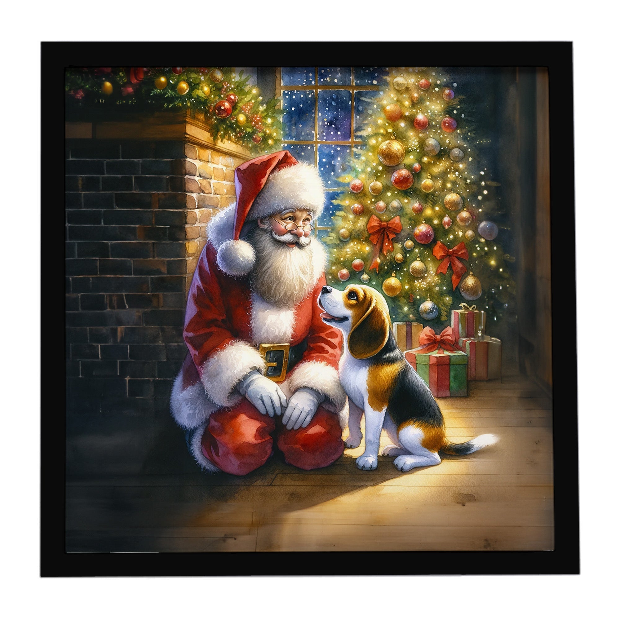 Beagle and Santa Claus Framed Metal Print Bathroom, Kitchen, Office, Home Decor Wall Art Ready to Hang, Square, 8X8