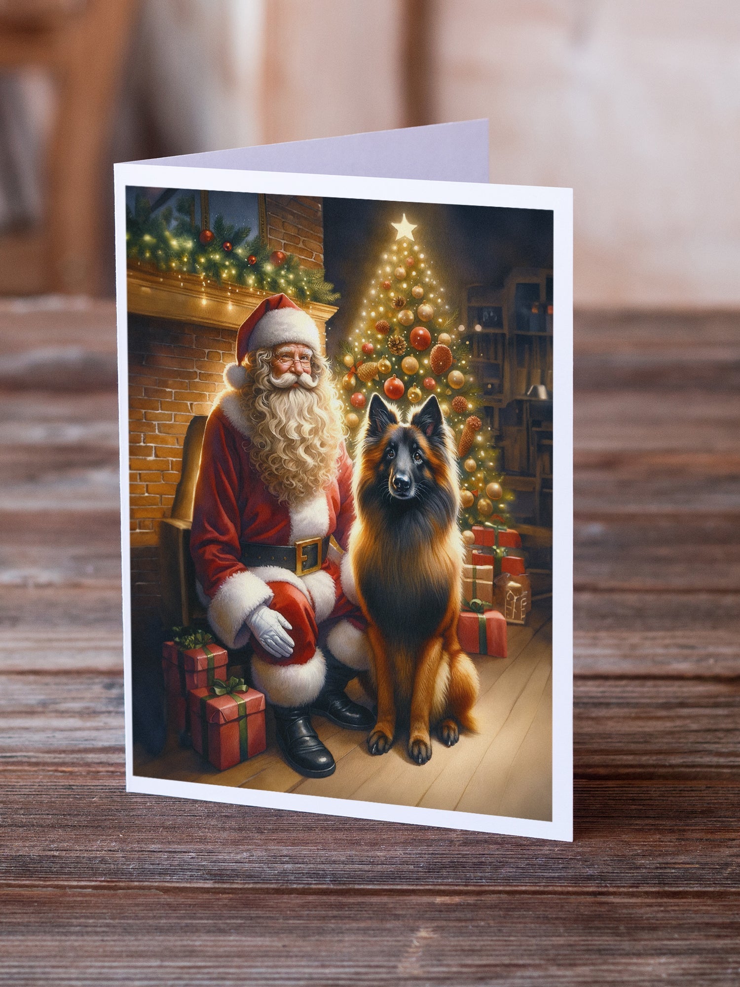 Belgian Tervuren and Santa Claus Greeting Cards Pack of 8 Blank Cards with Envelopes Whimsical A7 Size 5x7