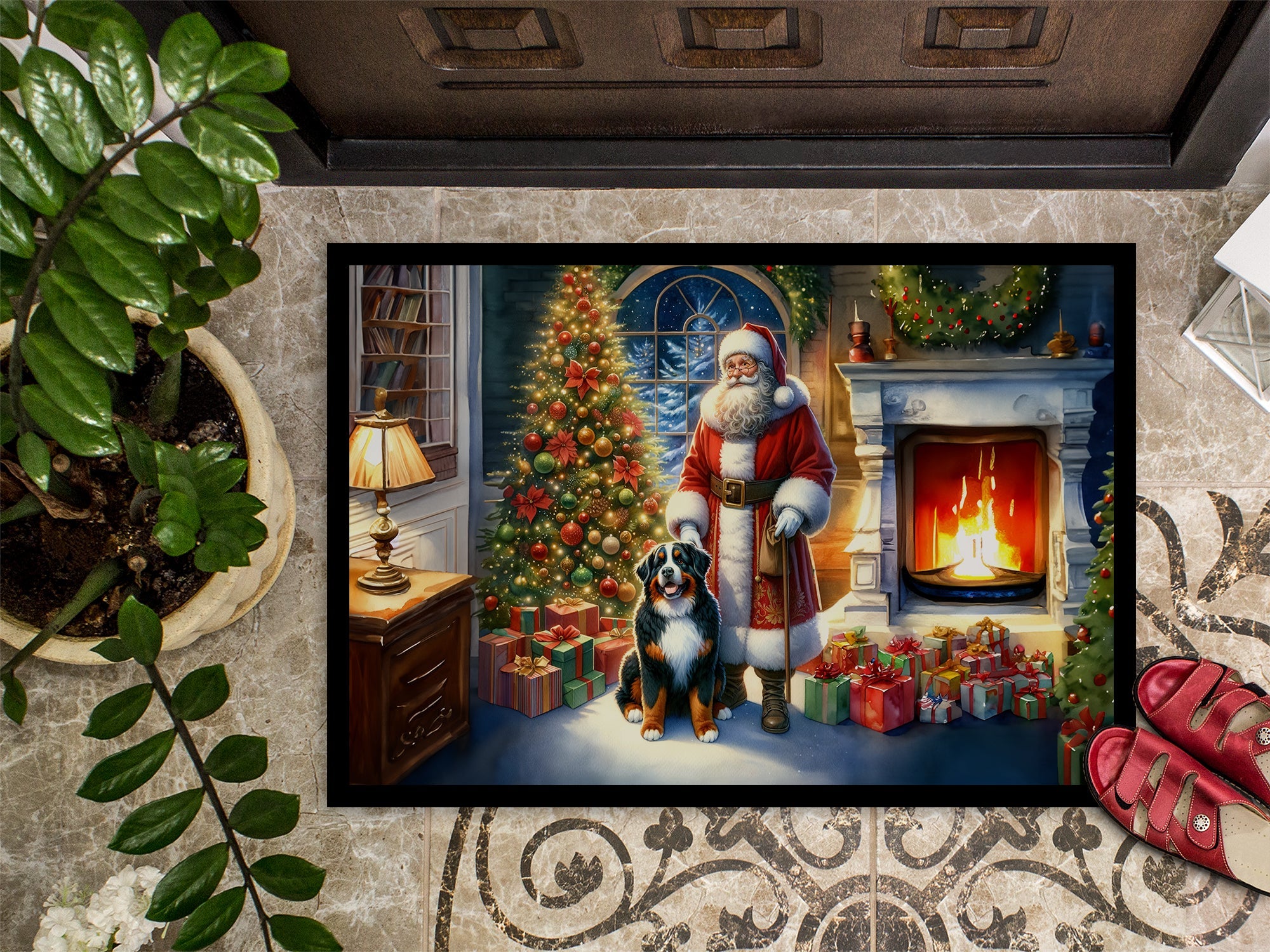 Bernese Mountain Dog and Santa Claus Doormat Indoor Outdoor 24H X 36W Front Door Mat Rugs for Entryway, Non Slip Washable Low Pile,
