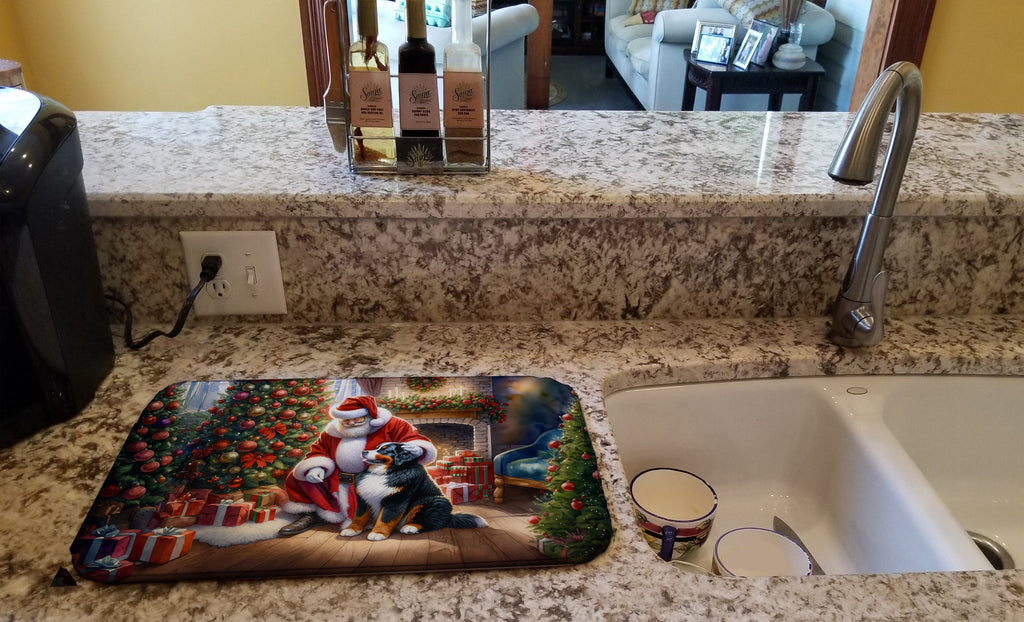 Bernese Mountain Dog and Santa Claus Dish Drying Mat Absorbent Dish Drying Mat Pad for Kitchen Counter Dish Drainer Mat for Countertop, 14 x 21", Multicolor