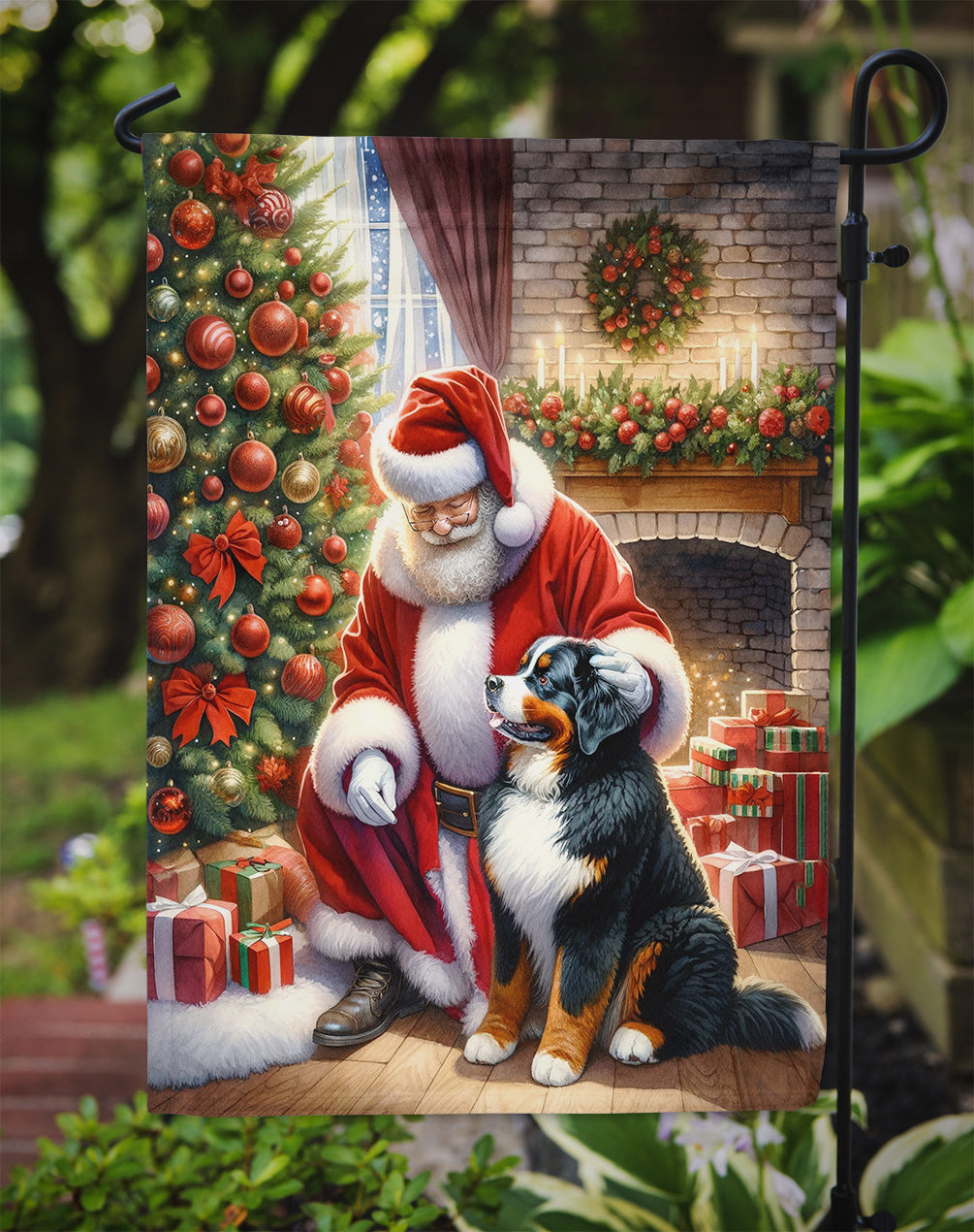 Bernese Mountain Dog and Santa Claus Garden Flag Mailbox Decorative Yard Banner Outside Patio Artwork for Flower Beds, Garden Size, Multicolor