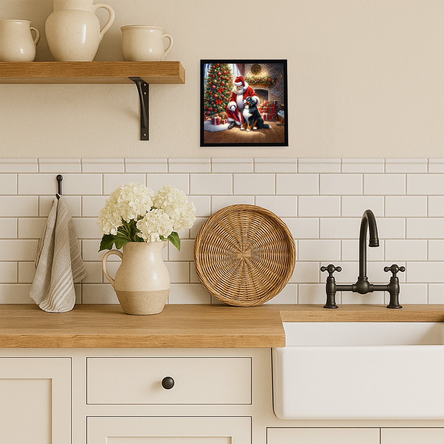 Bernese Mountain Dog and Santa Claus Framed Metal Print Bathroom, Kitchen, Office, Home Decor Wall Art Ready to Hang, Square, 8X8