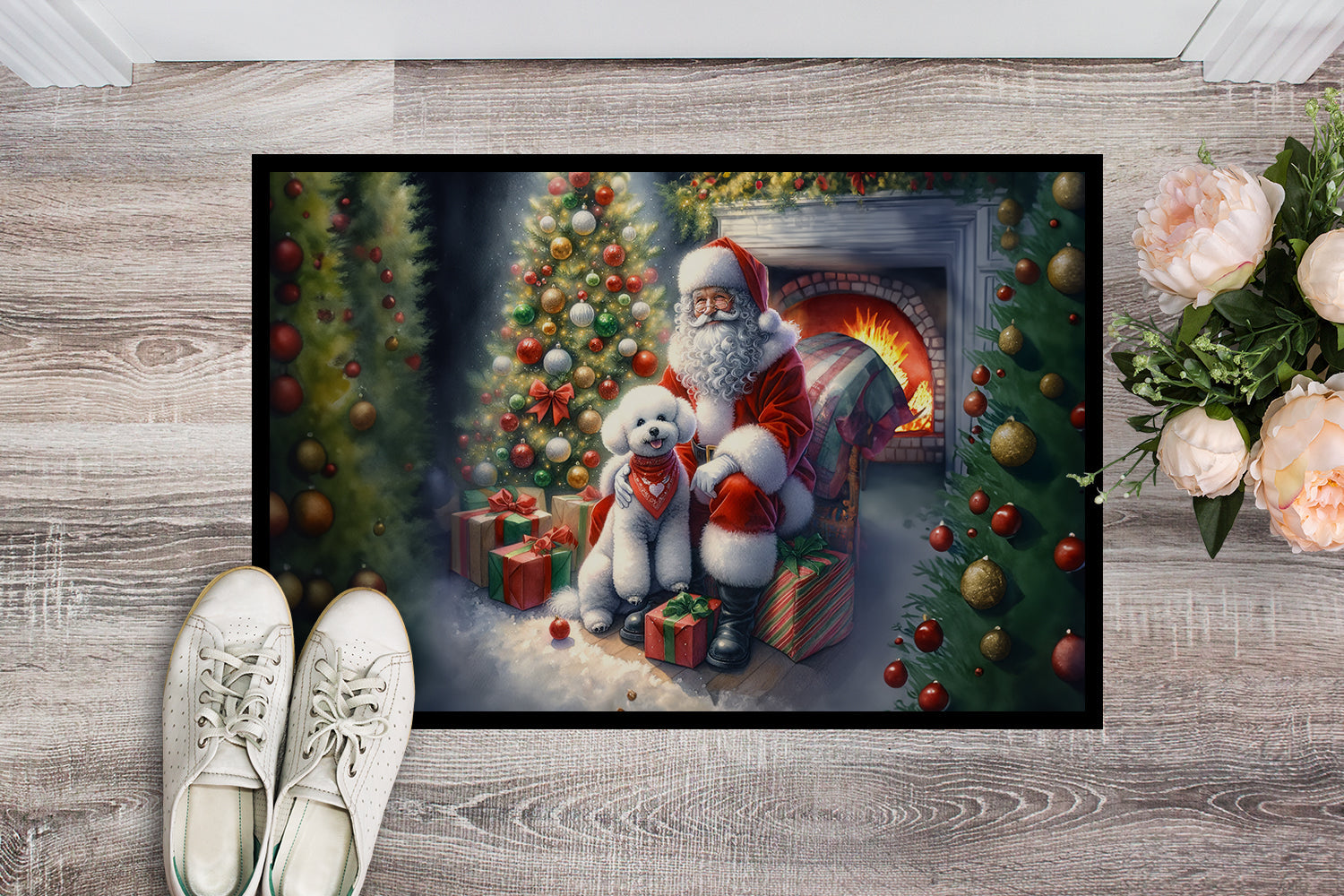 Bichon Frise and Santa Claus Doormat Indoor Outdoor 18H X 27W Front Door Mat Rugs for Entryway, Non Slip Washable