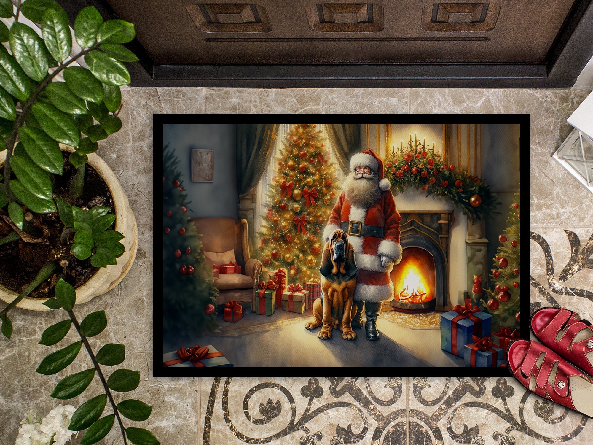Bloodhound and Santa Claus Doormat Indoor Outdoor 18H X 27W Front Door Mat Rugs for Entryway, Non Slip Washable