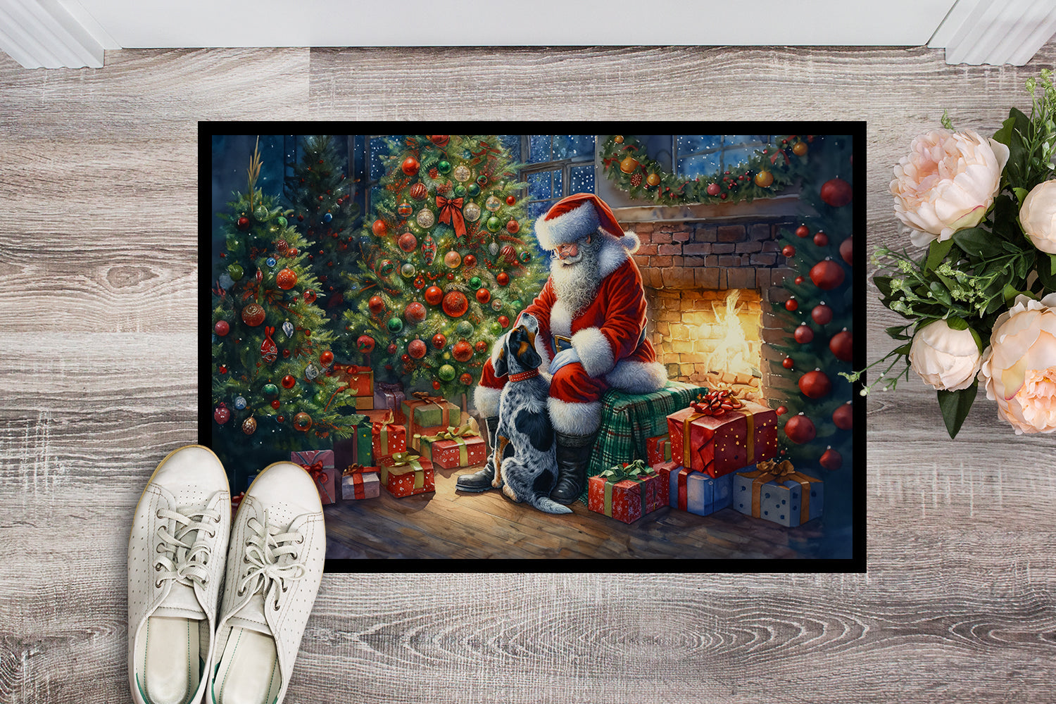Bluetick Hound and Santa Claus Doormat Indoor Outdoor 24H X 36W Front Door Mat Rugs for Entryway, Non Slip Washable Low Pile,