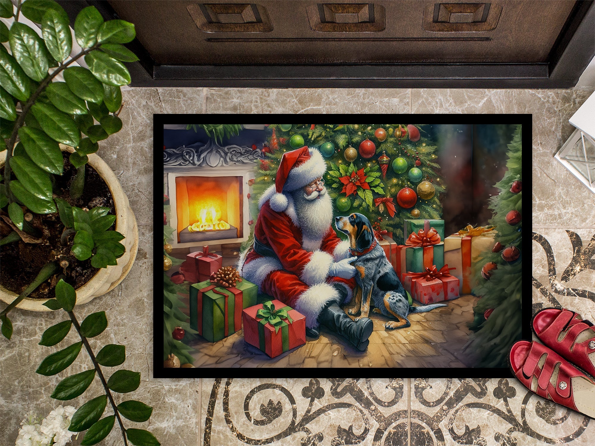 Bluetick Hound and Santa Claus Doormat Indoor Outdoor 18H X 27W Front Door Mat Rugs for Entryway, Non Slip Washable