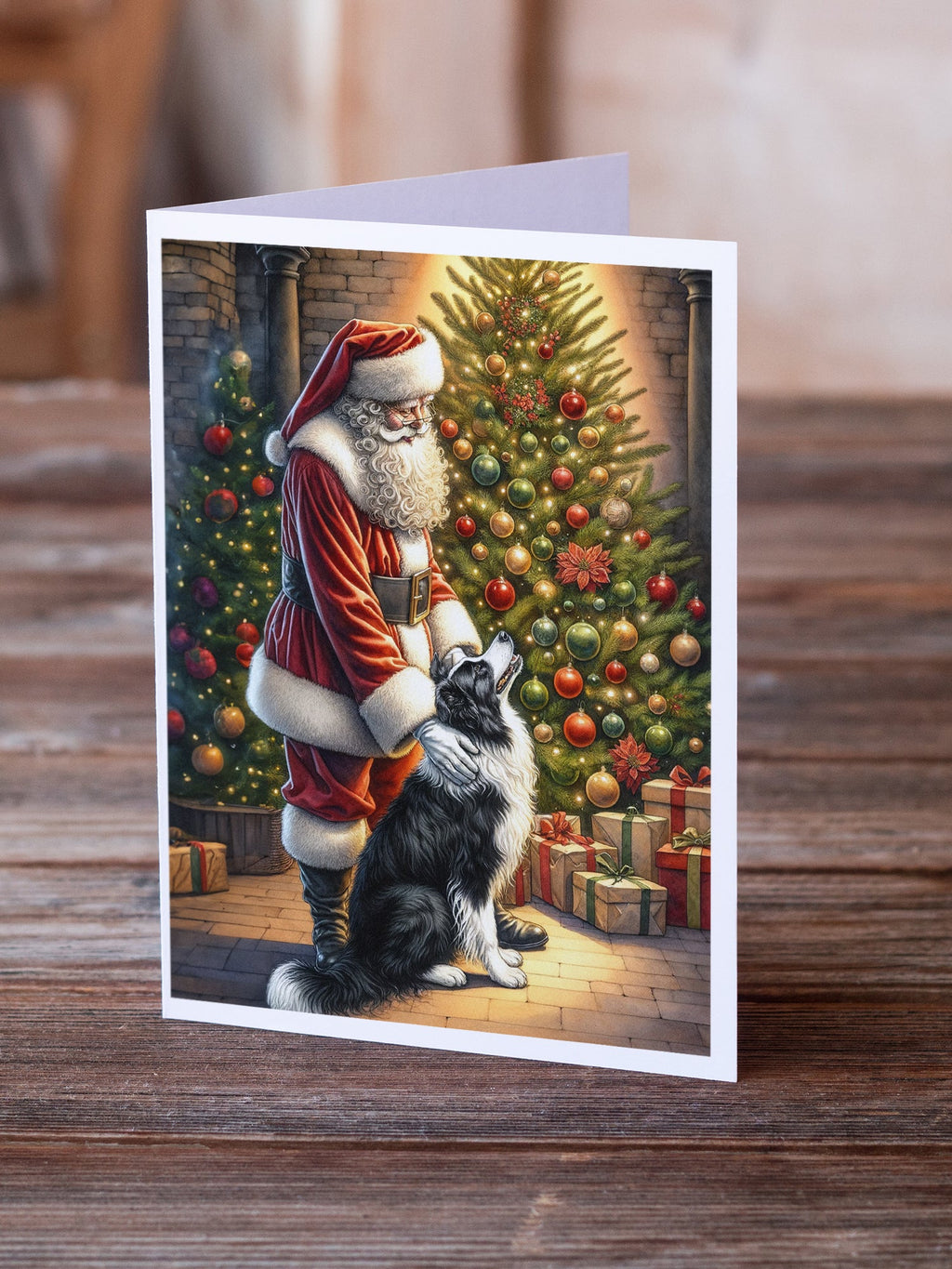 Border Collie and Santa Claus Greeting Cards Pack of 8 Blank Cards with Envelopes Whimsical A7 Size 5x7