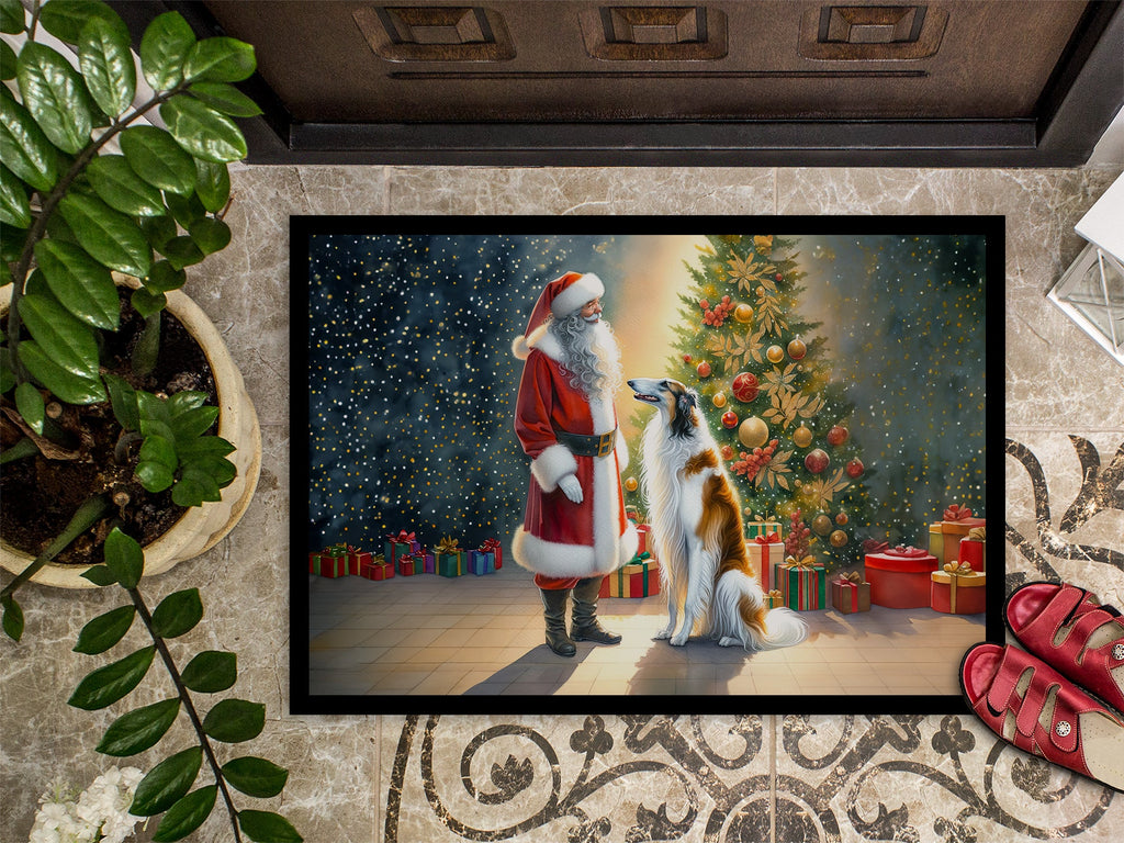 Borzoi and Santa Claus Doormat Indoor Outdoor 24H X 36W Front Door Mat Rugs for Entryway, Non Slip Washable Low Pile,