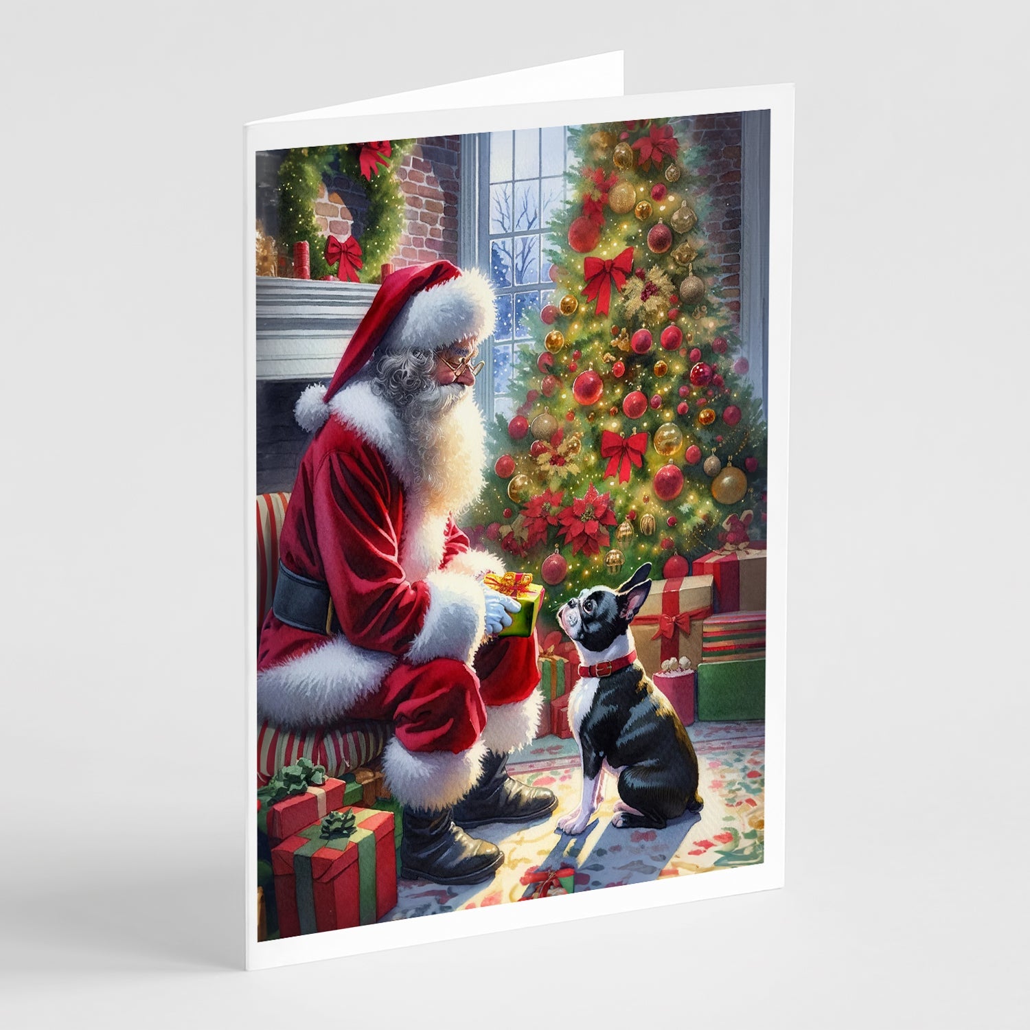 Boston Terrier and Santa Claus Greeting Cards Pack of 8 Blank Cards with Envelopes Whimsical A7 Size 5x7