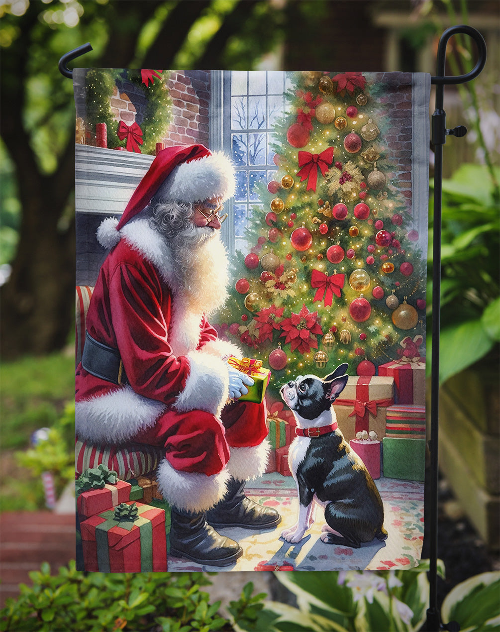 Boston Terrier and Santa Claus Garden Flag Mailbox Decorative Yard Banner Outside Patio Artwork for Flower Beds, Garden Size, Multicolor