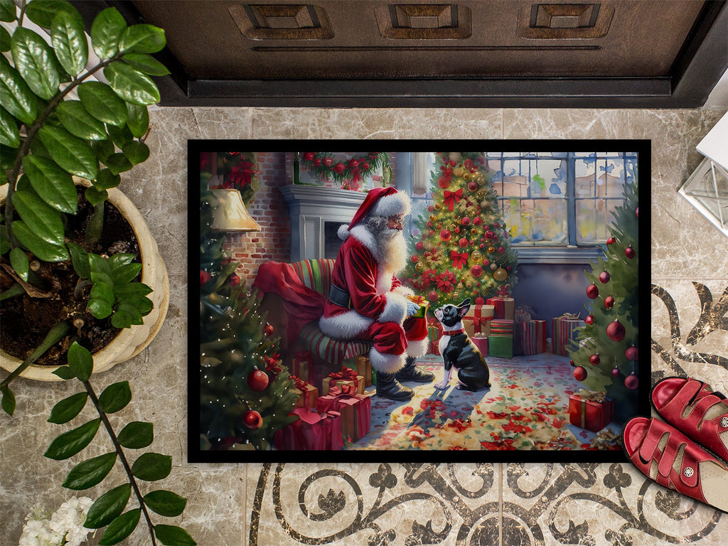 Boston Terrier and Santa Claus Doormat Indoor Outdoor 18H X 27W Front Door Mat Rugs for Entryway, Non Slip Washable