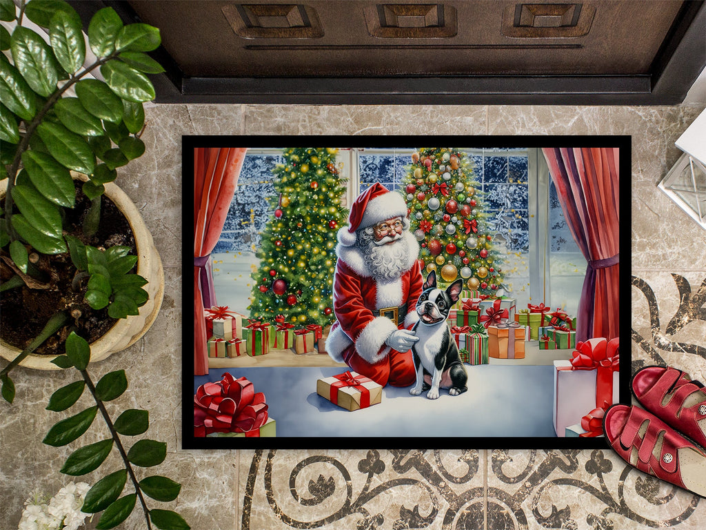Boston Terrier and Santa Claus Doormat Indoor Outdoor 18H X 27W Front Door Mat Rugs for Entryway, Non Slip Washable