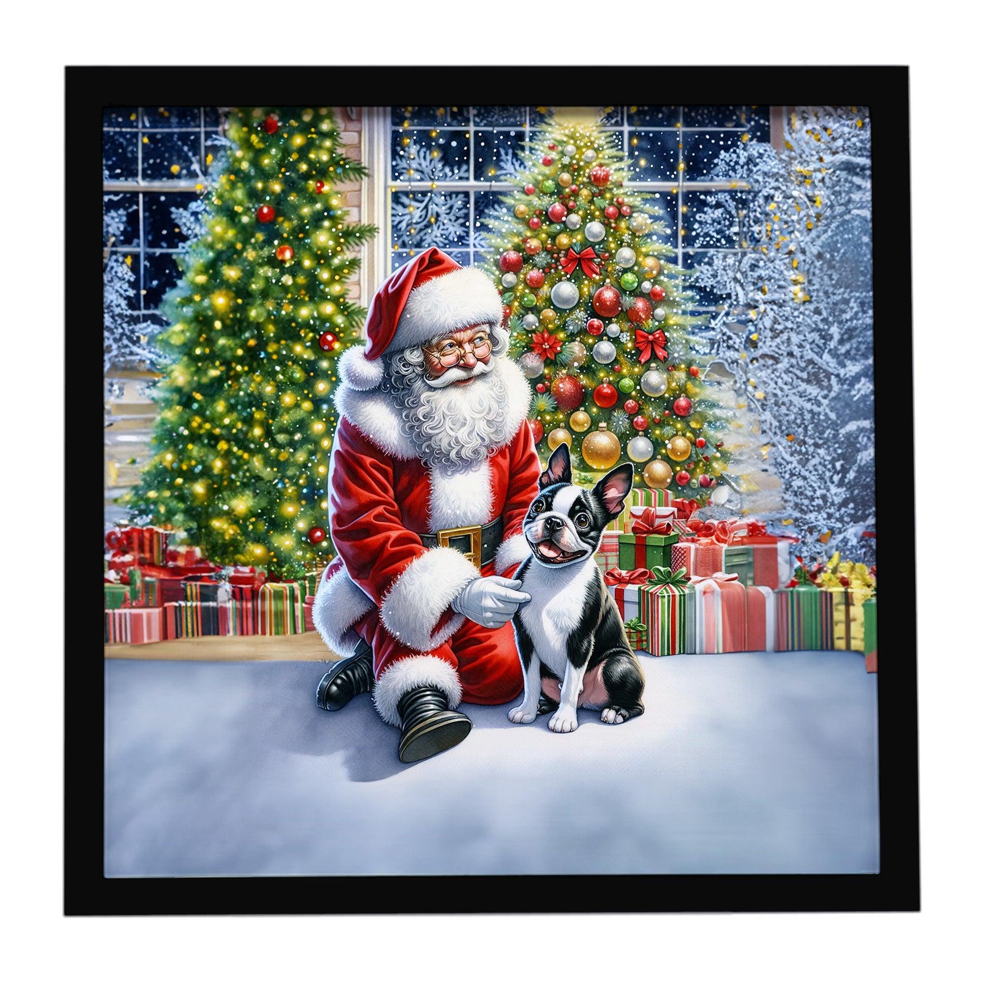 Boston Terrier and Santa Claus Framed Metal Print Bathroom, Kitchen, Office, Home Decor Wall Art Ready to Hang, Square, 8X8