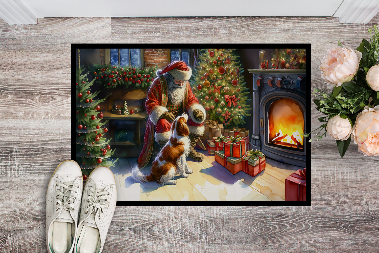 Brittany and Santa Claus Doormat Indoor Outdoor 18H X 27W Front Door Mat Rugs for Entryway, Non Slip Washable