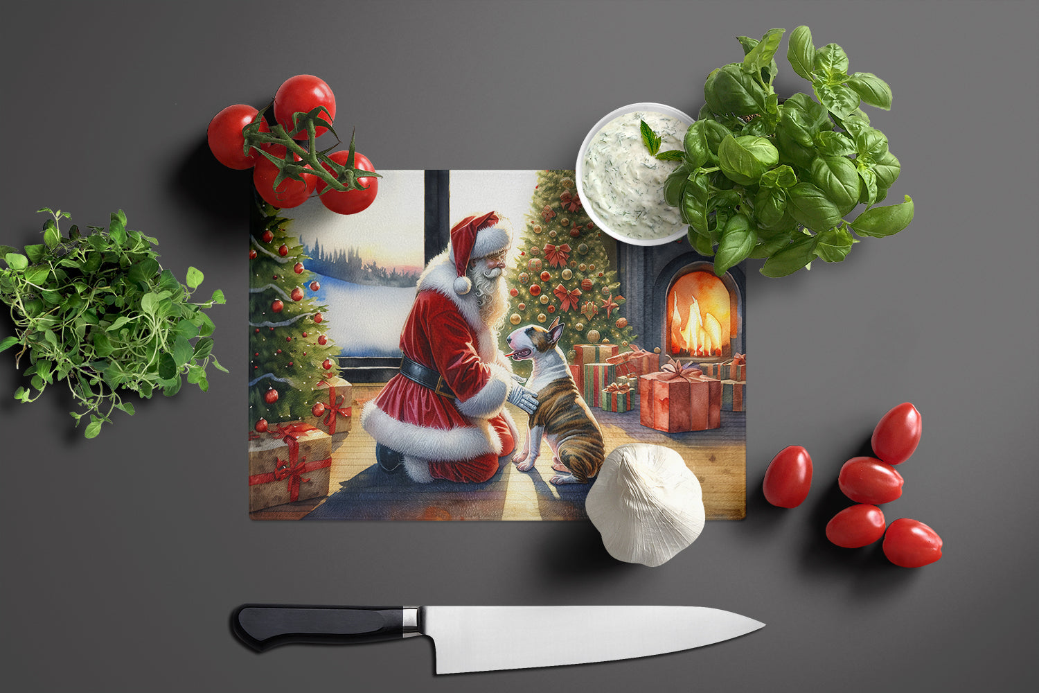 Bull Terrier and Santa Claus Cutting Board Tempered Glass Kitchen Cutting Surface, Heat Resistant Chopping, Non-Slip Feet, Food Prep & Serving