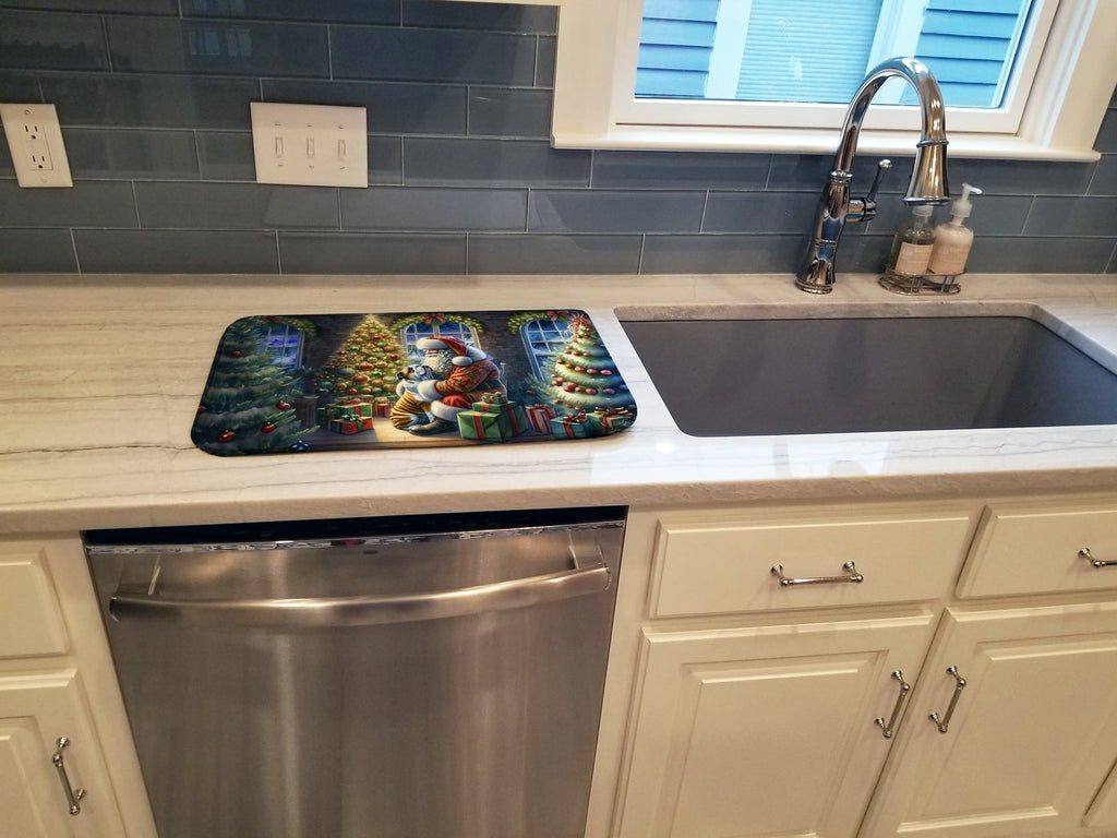 English Bulldog and Santa Claus Dish Drying Mat Absorbent Dish Drying Mat Pad for Kitchen Counter Dish Drainer Mat for Countertop, 14 x 21", Multicolor