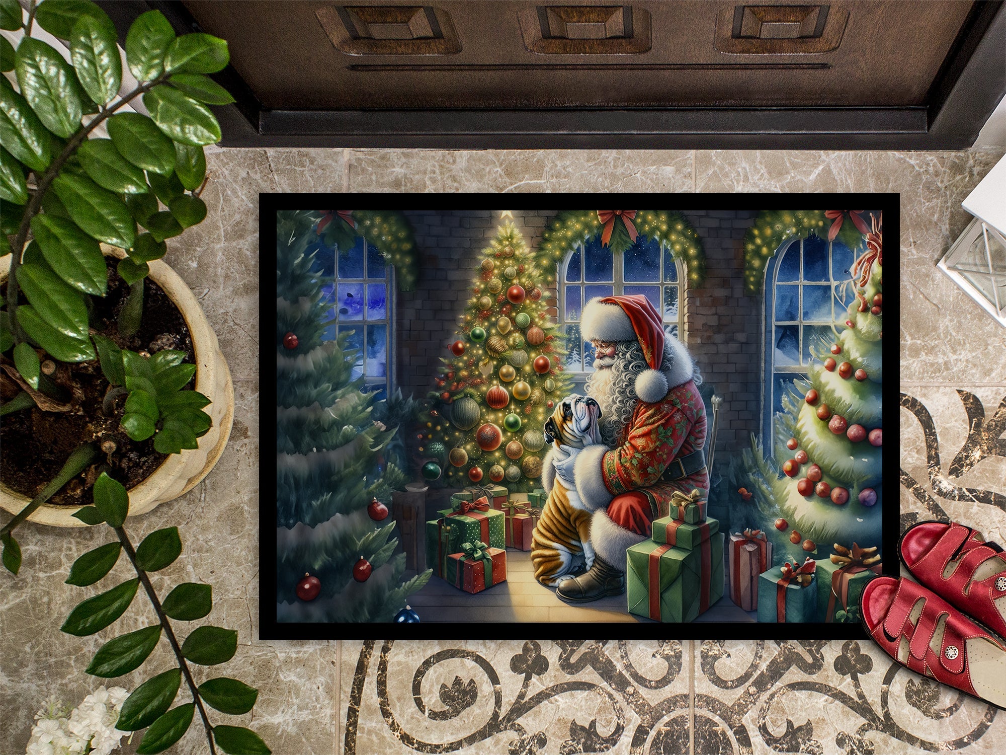 English Bulldog and Santa Claus Doormat Indoor Outdoor 24H X 36W Front Door Mat Rugs for Entryway, Non Slip Washable Low Pile,