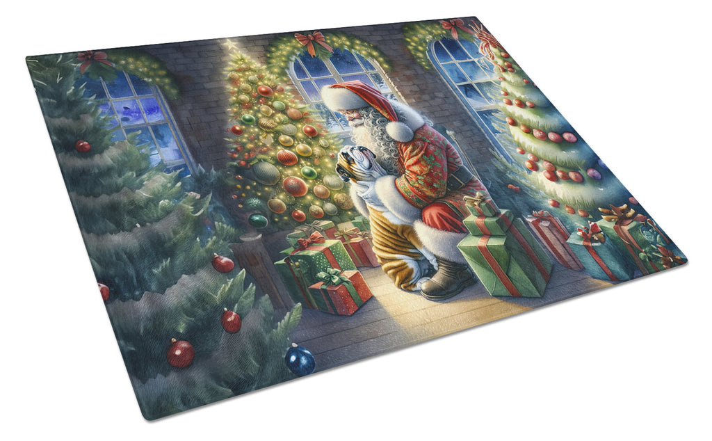 English Bulldog and Santa Claus Cutting Board Tempered Glass Kitchen Cutting Surface, Heat Resistant Chopping, Non-Slip Feet, Food Prep & Serving