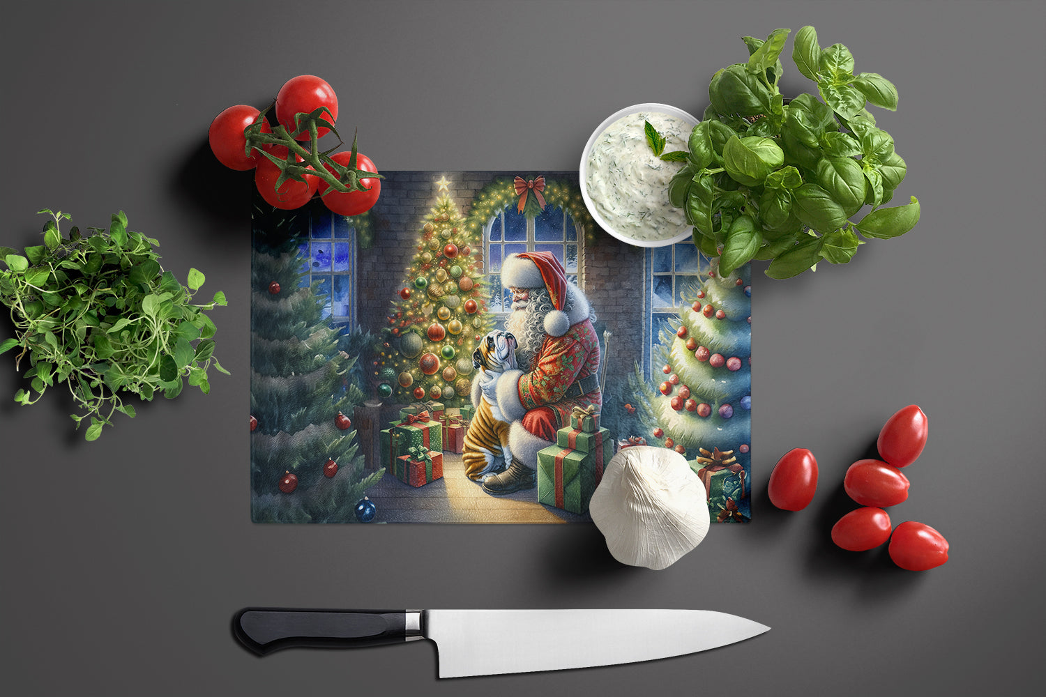 English Bulldog and Santa Claus Cutting Board Tempered Glass Kitchen Cutting Surface, Heat Resistant Chopping, Non-Slip Feet, Food Prep & Serving