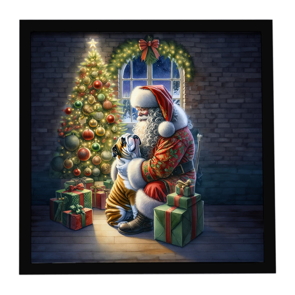 English Bulldog and Santa Claus Framed Metal Print Bathroom, Kitchen, Office, Home Decor Wall Art Ready to Hang, Square, 8X8