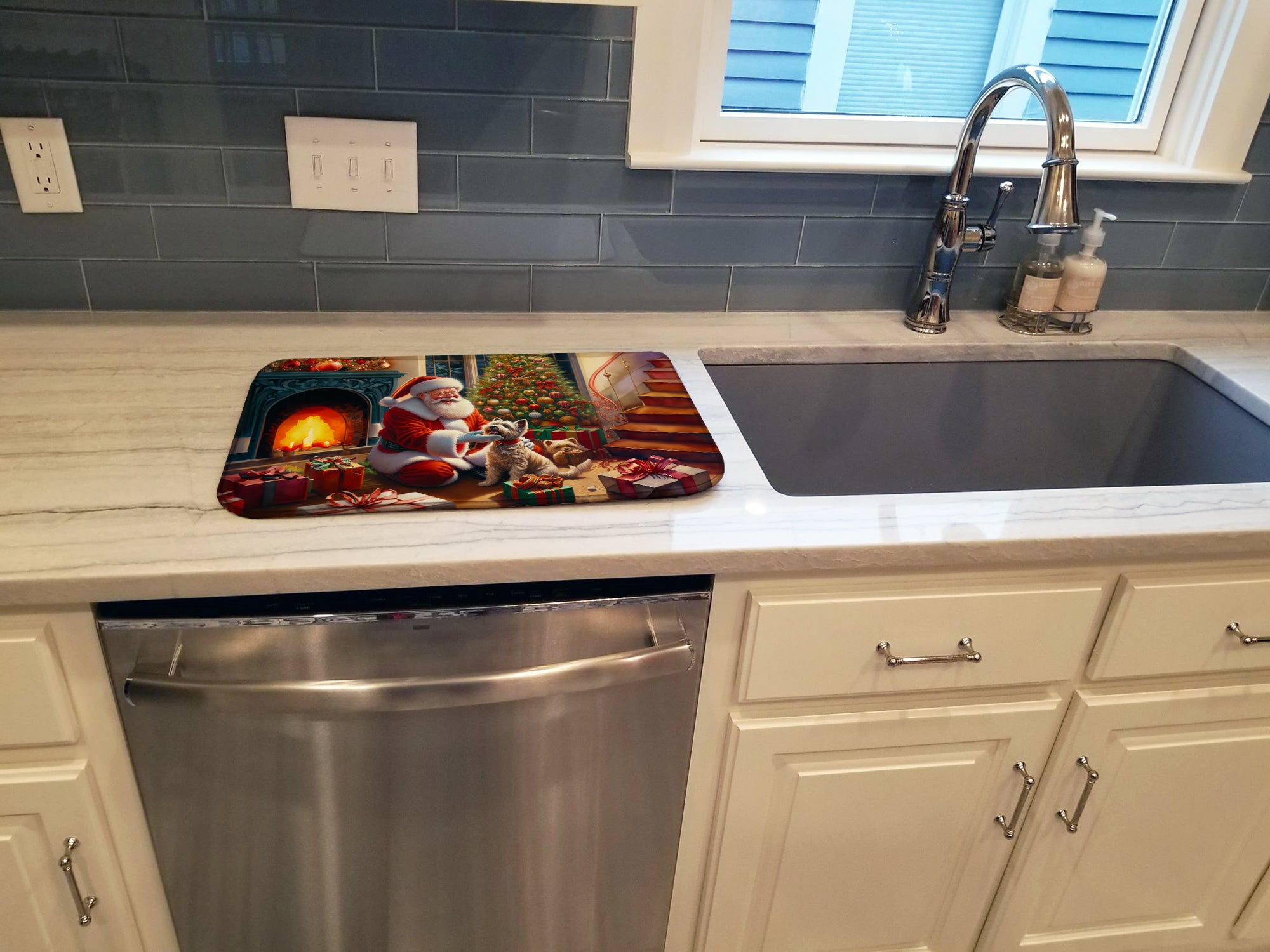 Cairn Terrier and Santa Claus Dish Drying Mat Absorbent Dish Drying Mat Pad for Kitchen Counter Dish Drainer Mat for Countertop, 14 x 21", Multicolor