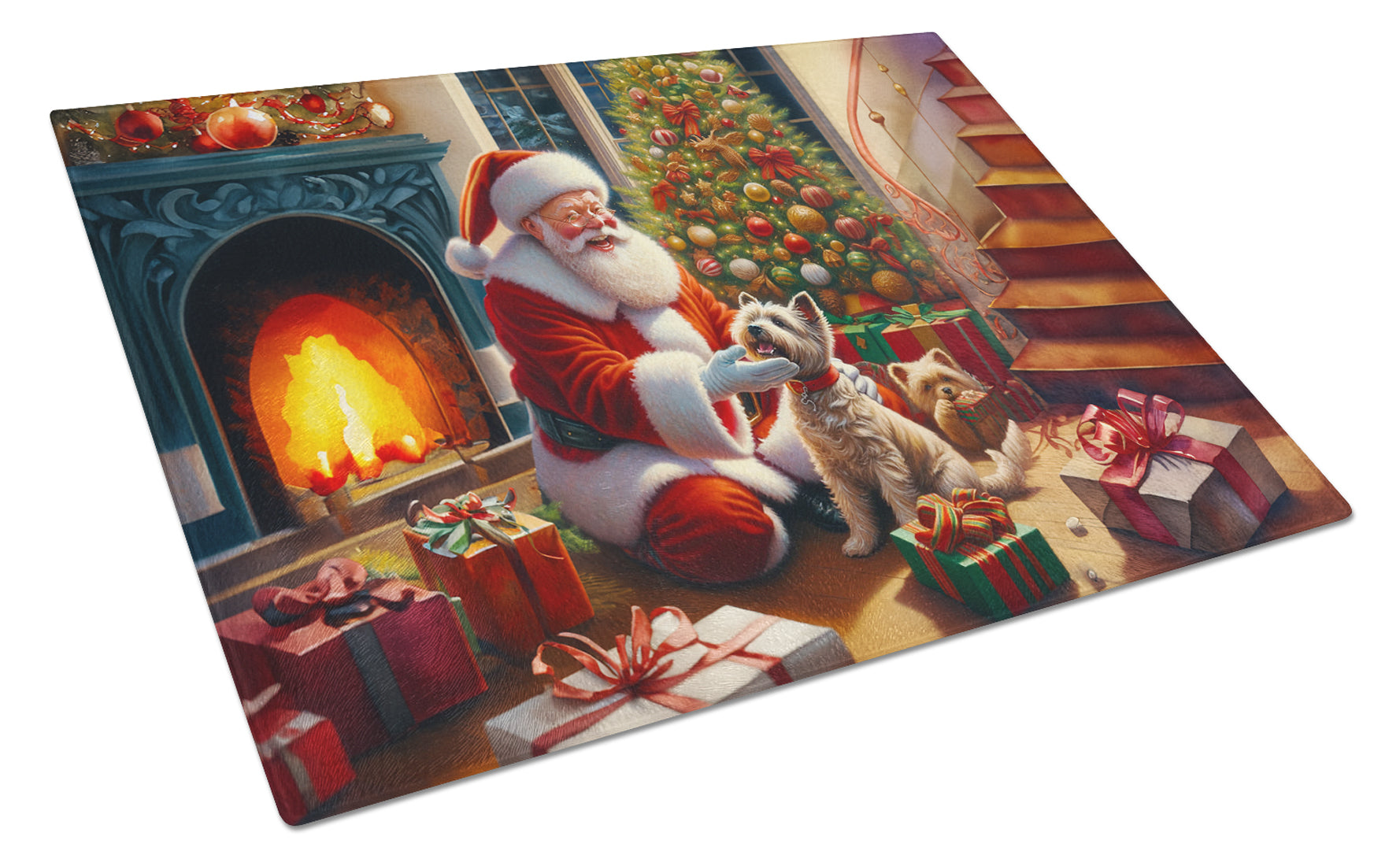 Cairn Terrier and Santa Claus Cutting Board Tempered Glass Kitchen Cutting Surface, Heat Resistant Chopping, Non-Slip Feet, Food Prep & Serving