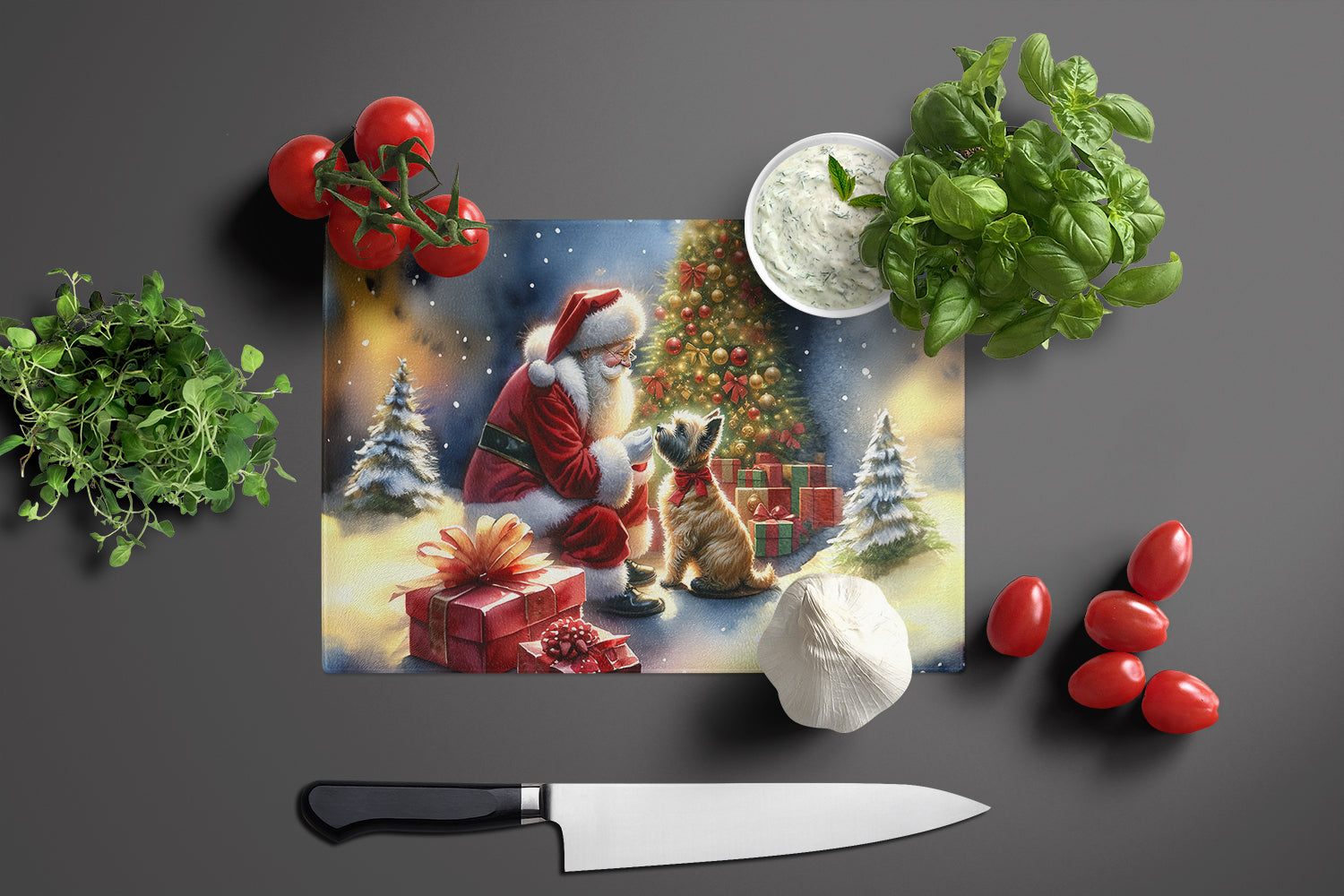 Cairn Terrier and Santa Claus Cutting Board Tempered Glass Kitchen Cutting Surface, Heat Resistant Chopping, Non-Slip Feet, Food Prep & Serving