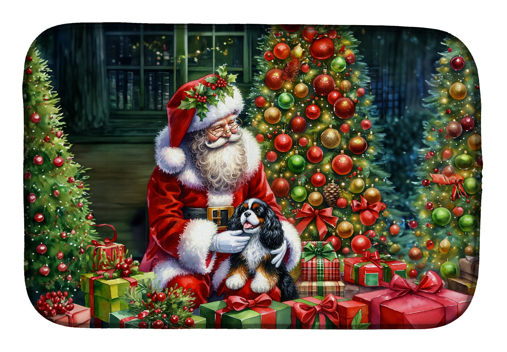 Cavalier Spaniel and Santa Claus Dish Drying Mat Absorbent Dish Drying Mat Pad for Kitchen Counter Dish Drainer Mat for Countertop, 14 x 21", Multicolor