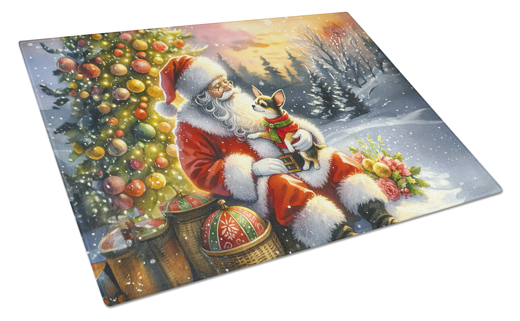 Chihuahua and Santa Claus Cutting Board Tempered Glass Kitchen Cutting Surface, Heat Resistant Chopping, Non-Slip Feet, Food Prep & Serving