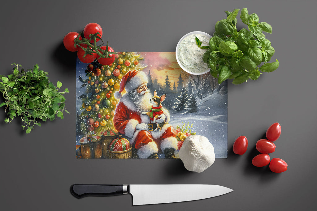 Chihuahua and Santa Claus Cutting Board Tempered Glass Kitchen Cutting Surface, Heat Resistant Chopping, Non-Slip Feet, Food Prep & Serving