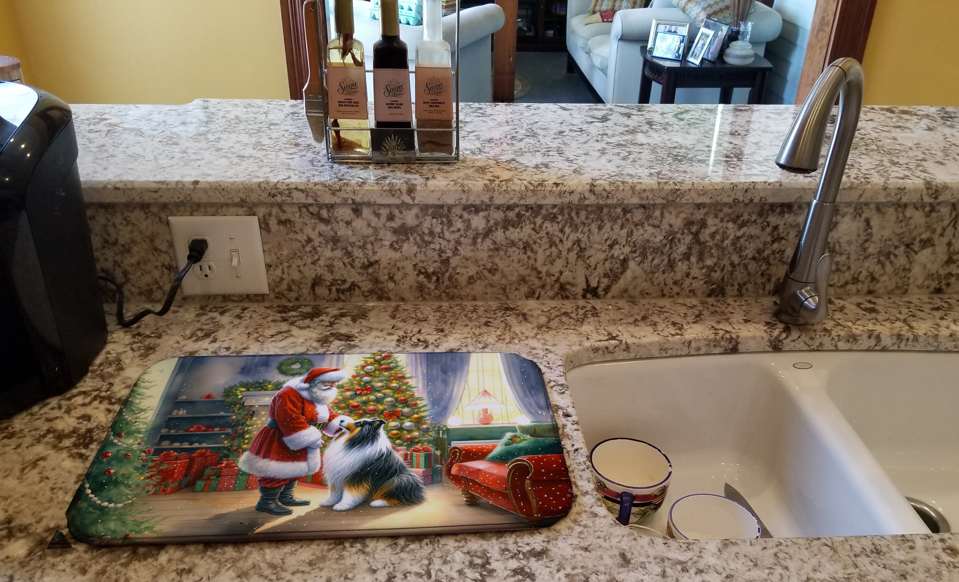 Collie and Santa Claus Dish Drying Mat Absorbent Dish Drying Mat Pad for Kitchen Counter Dish Drainer Mat for Countertop, 14 x 21", Multicolor