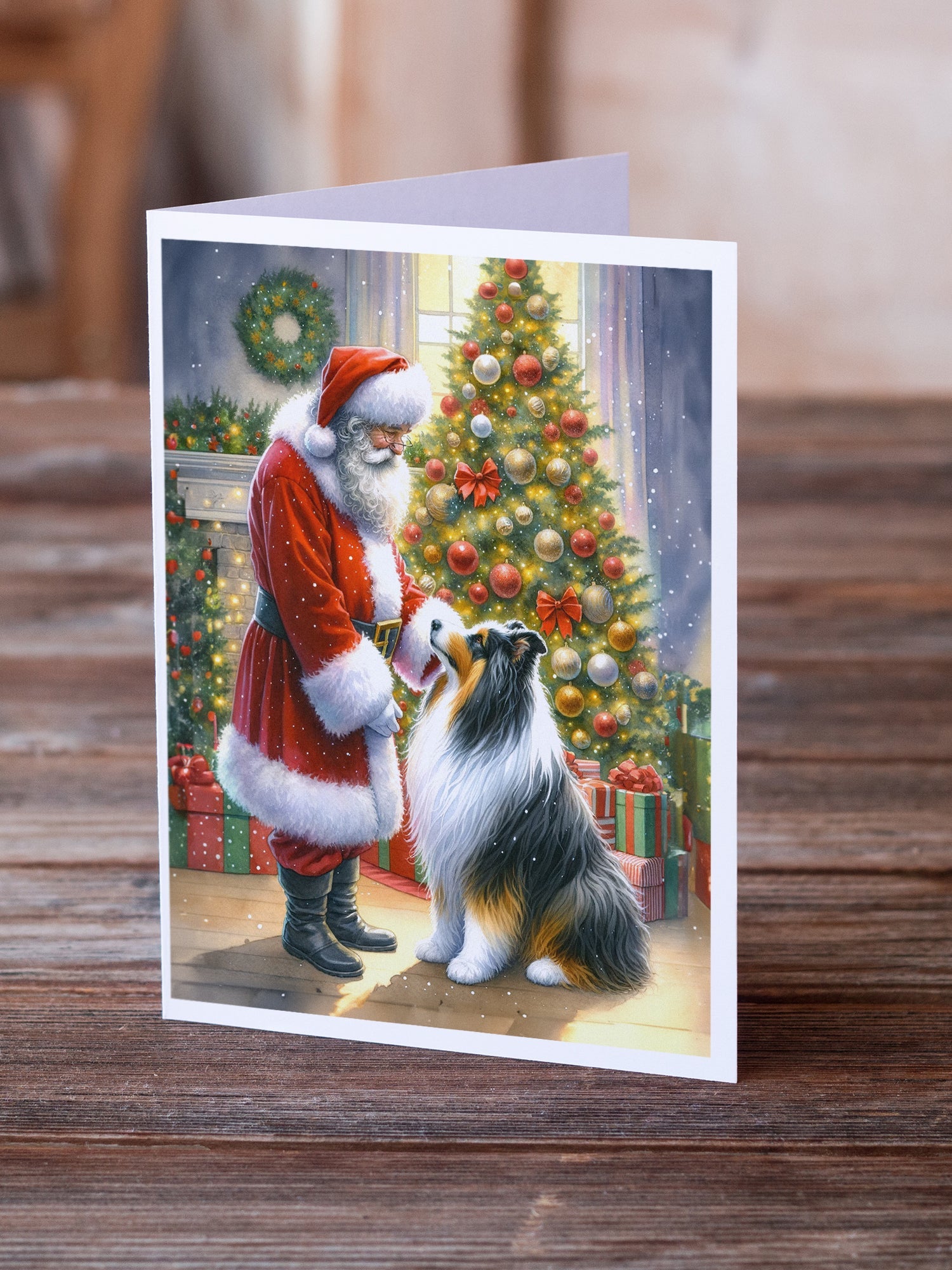 Collie and Santa Claus Greeting Cards Pack of 8 Blank Cards with Envelopes Whimsical A7 Size 5x7