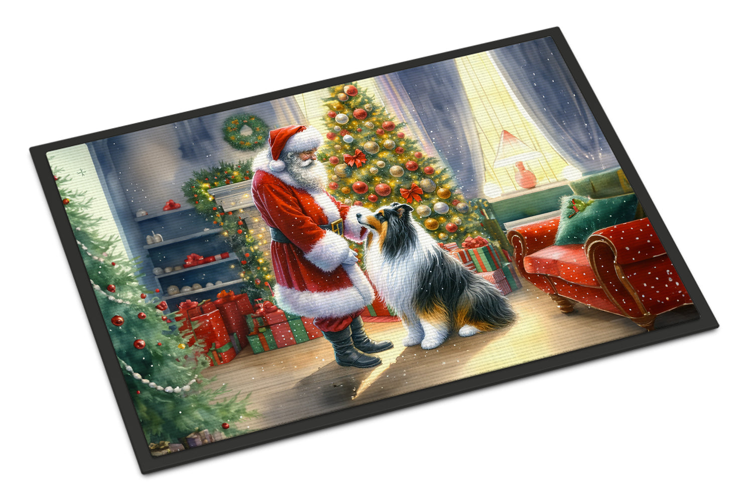 Collie and Santa Claus Doormat Indoor Outdoor 18H X 27W Front Door Mat Rugs for Entryway, Non Slip Washable
