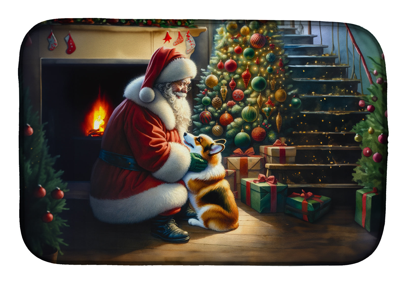 Corgi and Santa Claus Dish Drying Mat Absorbent Dish Drying Mat Pad for Kitchen Counter Dish Drainer Mat for Countertop, 14 x 21", Multicolor