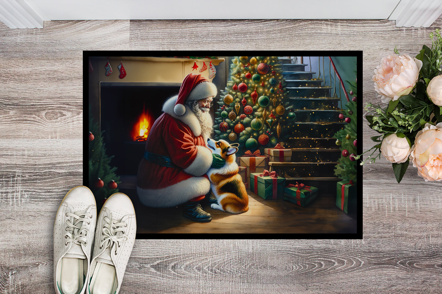 Corgi and Santa Claus Doormat Indoor Outdoor 18H X 27W Front Door Mat Rugs for Entryway, Non Slip Washable