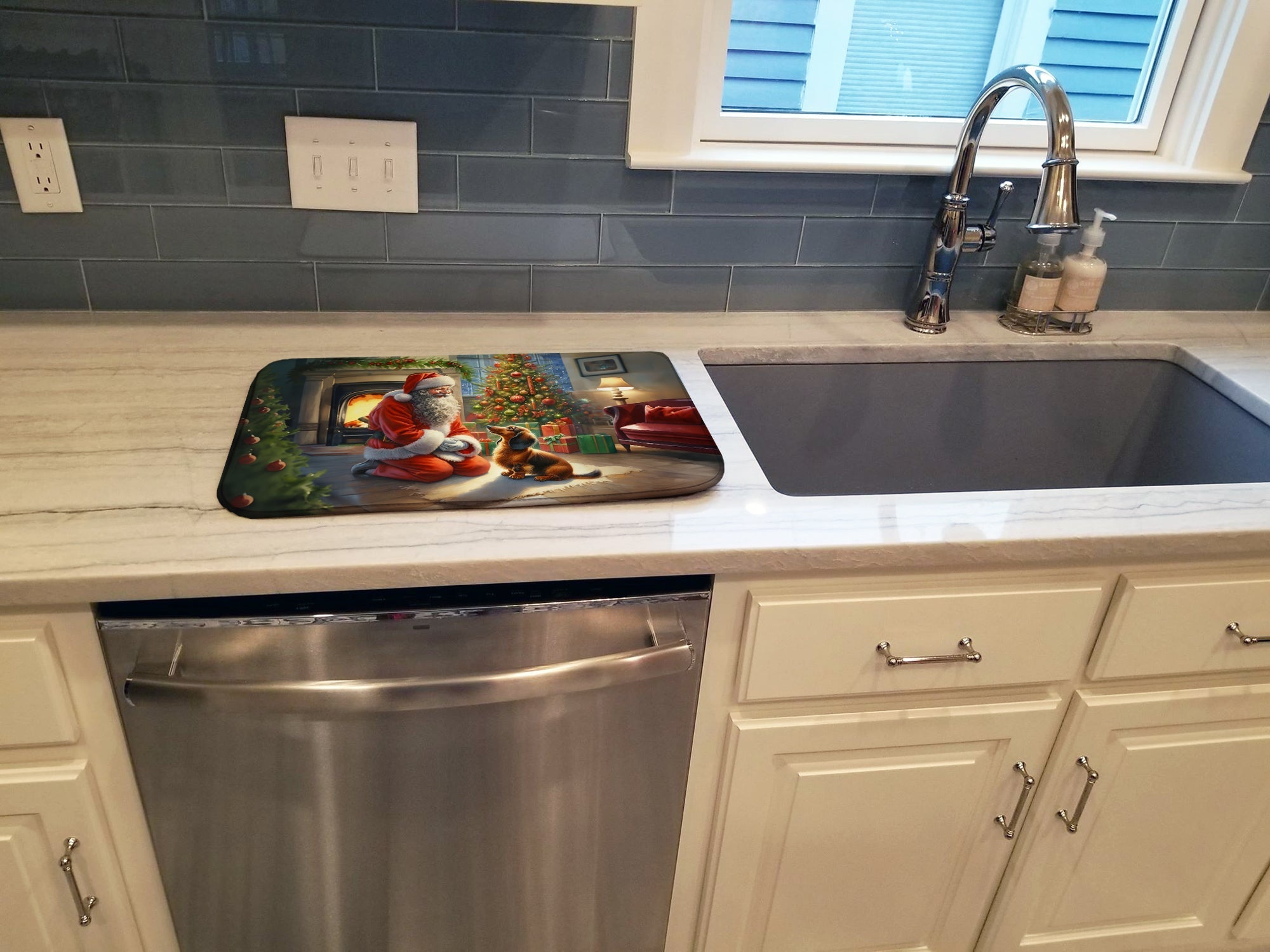 Dachshund and Santa Claus Dish Drying Mat Absorbent Dish Drying Mat Pad for Kitchen Counter Dish Drainer Mat for Countertop, 14 x 21", Multicolor
