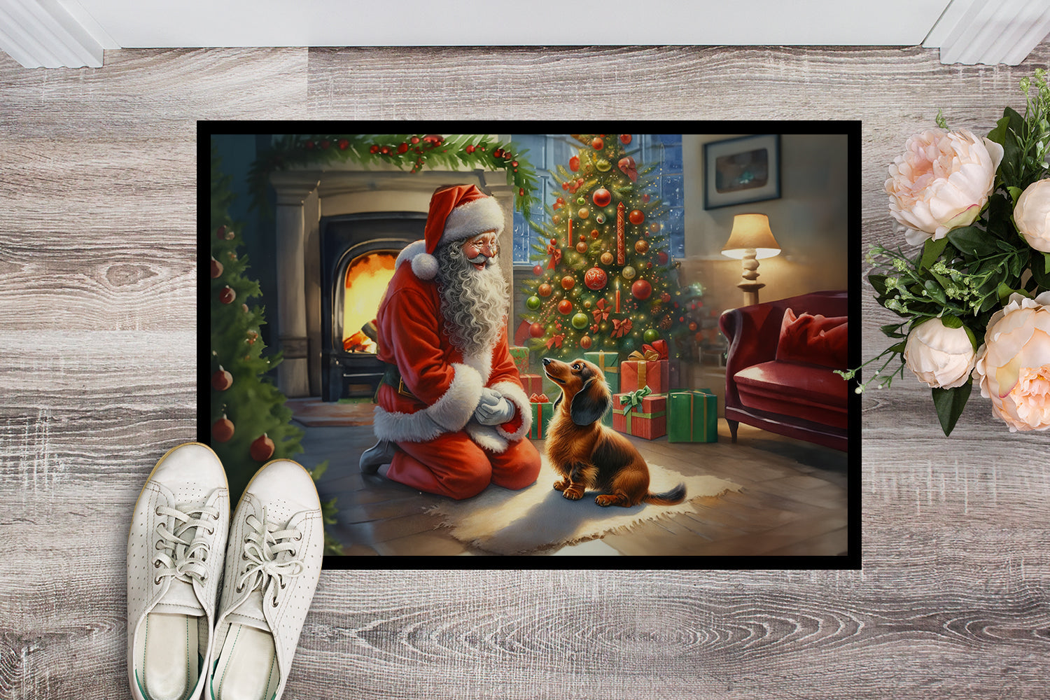 Dachshund and Santa Claus Doormat Indoor Outdoor 24H X 36W Front Door Mat Rugs for Entryway, Non Slip Washable Low Pile,