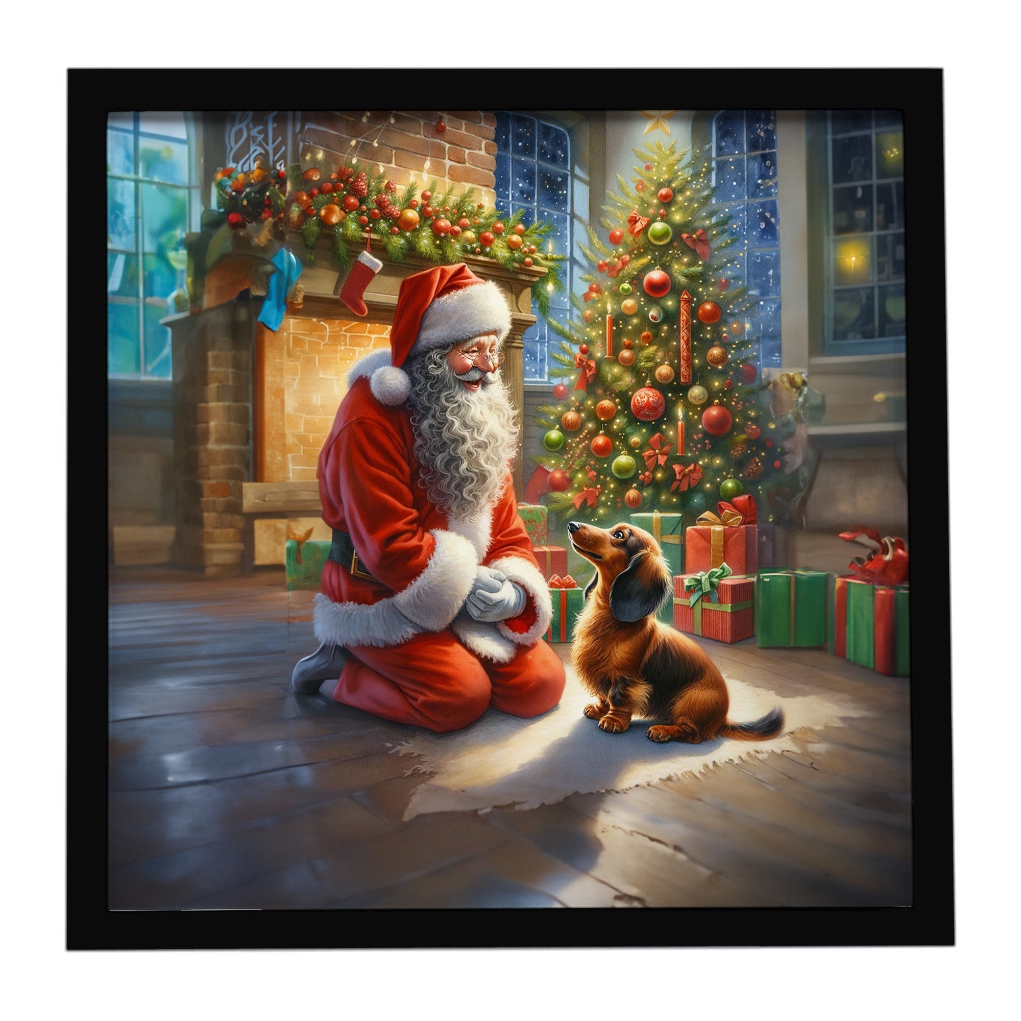 Dachshund and Santa Claus Framed Metal Print Bathroom, Kitchen, Office, Home Decor Wall Art Ready to Hang, Square, 8X8
