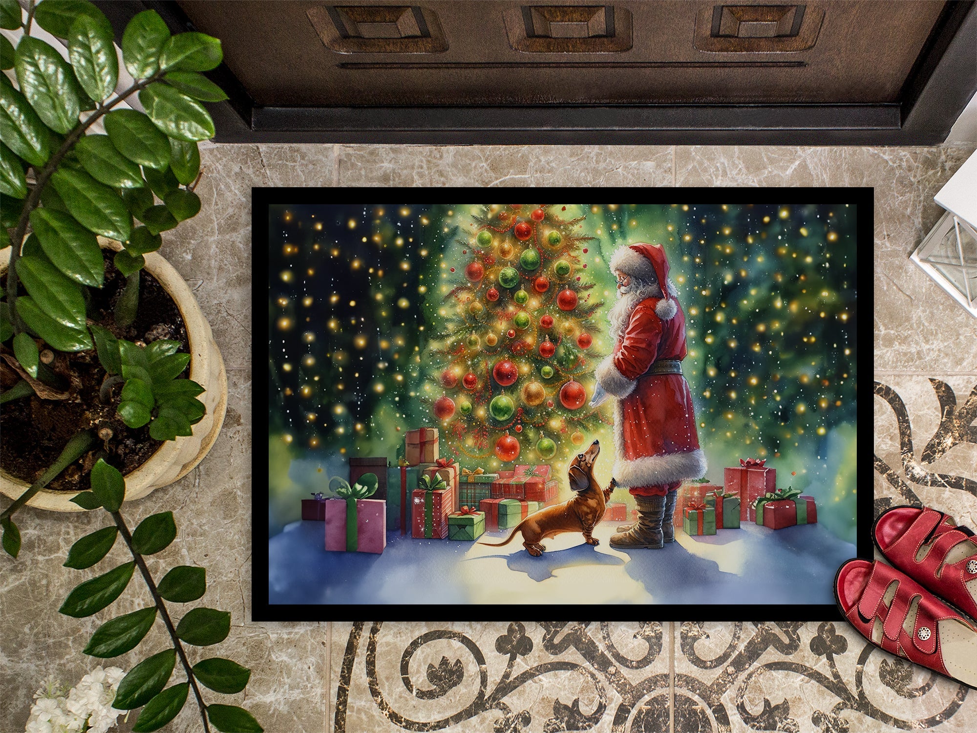 Dachshund and Santa Claus Doormat Indoor Outdoor 18H X 27W Front Door Mat Rugs for Entryway, Non Slip Washable