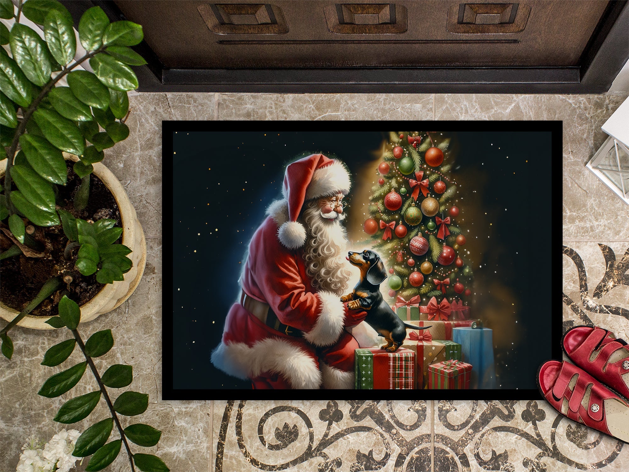 Dachshund and Santa Claus Doormat Indoor Outdoor 18H X 27W Front Door Mat Rugs for Entryway, Non Slip Washable