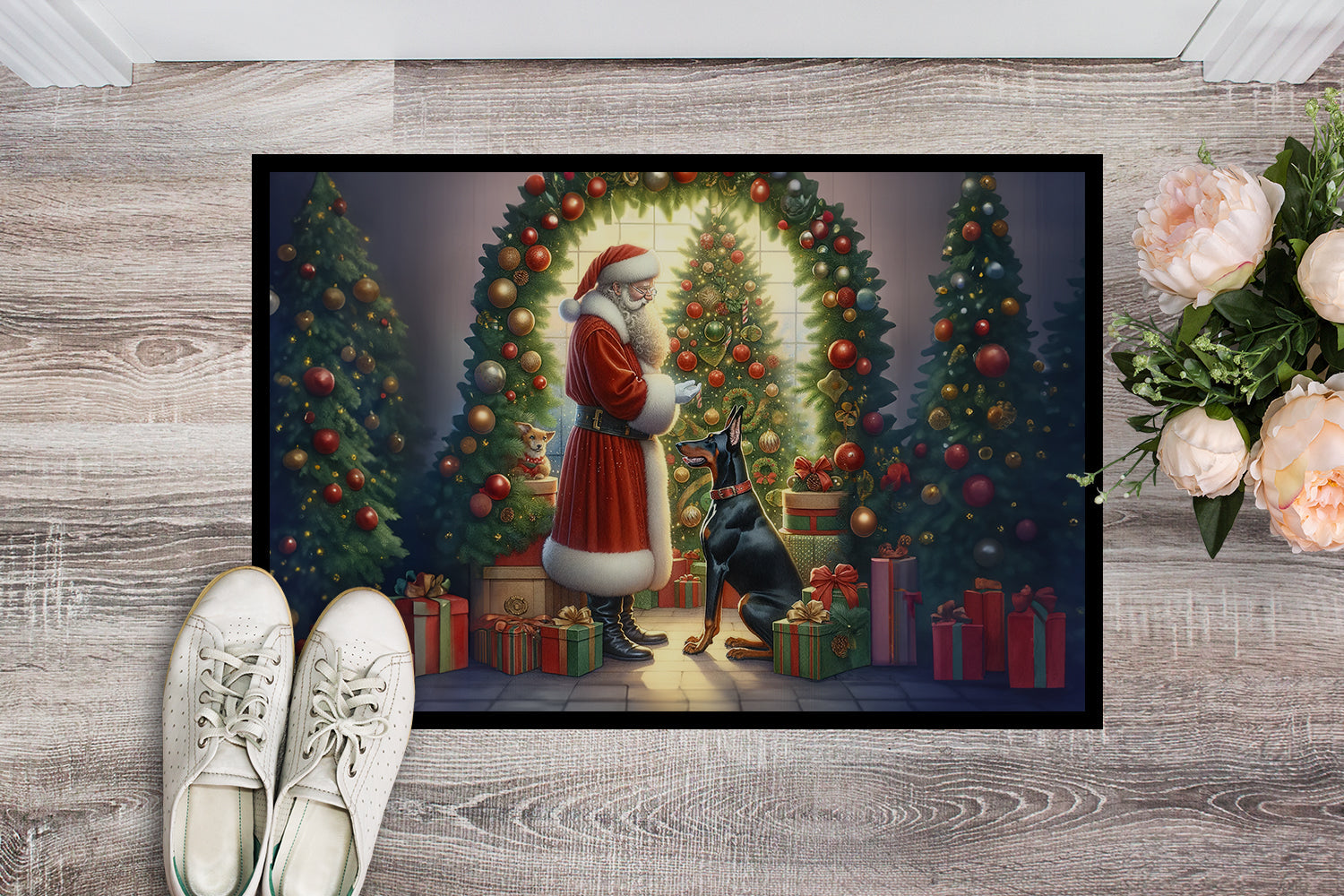 Doberman Pinscher and Santa Claus Doormat Indoor Outdoor 24H X 36W Front Door Mat Rugs for Entryway, Non Slip Washable Low Pile,