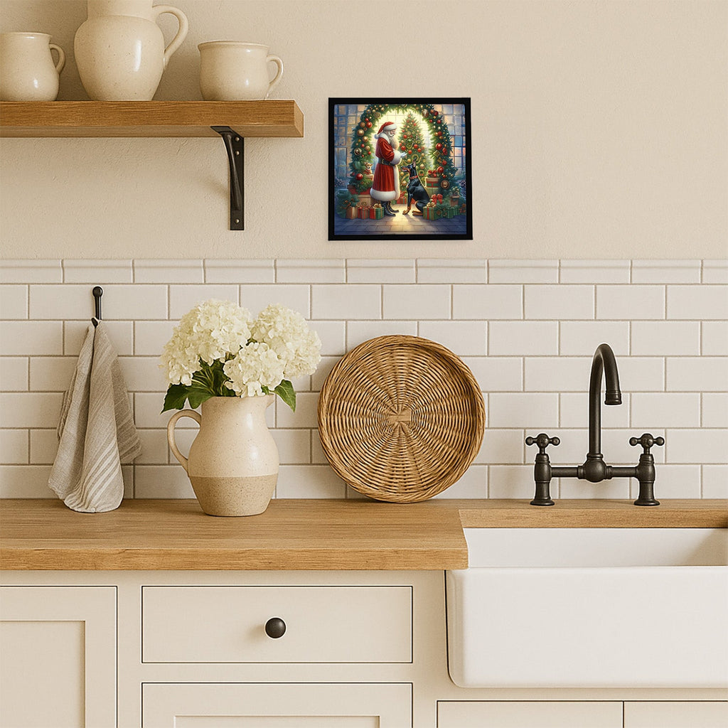 Doberman Pinscher and Santa Claus Framed Metal Print Bathroom, Kitchen, Office, Home Decor Wall Art Ready to Hang, Square, 8X8