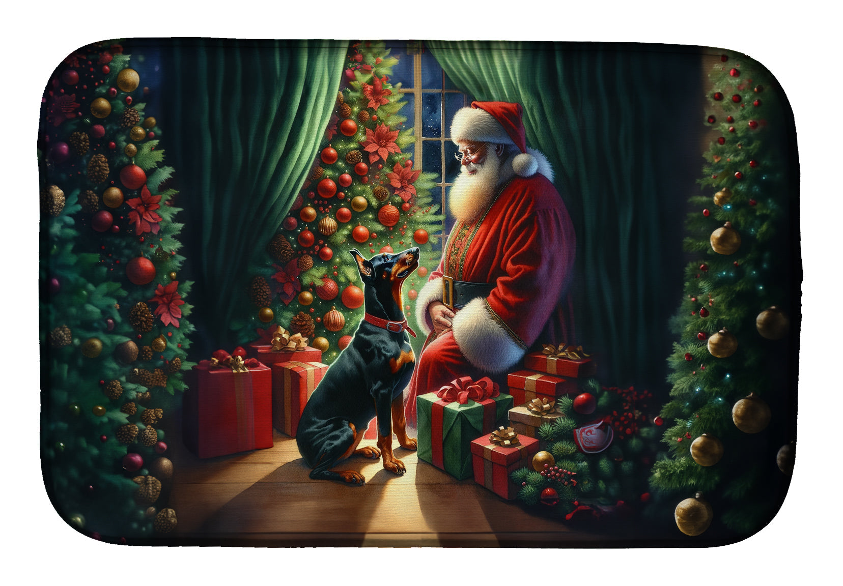 Doberman Pinscher and Santa Claus Dish Drying Mat Absorbent Dish Drying Mat Pad for Kitchen Counter Dish Drainer Mat for Countertop, 14 x 21", Multicolor