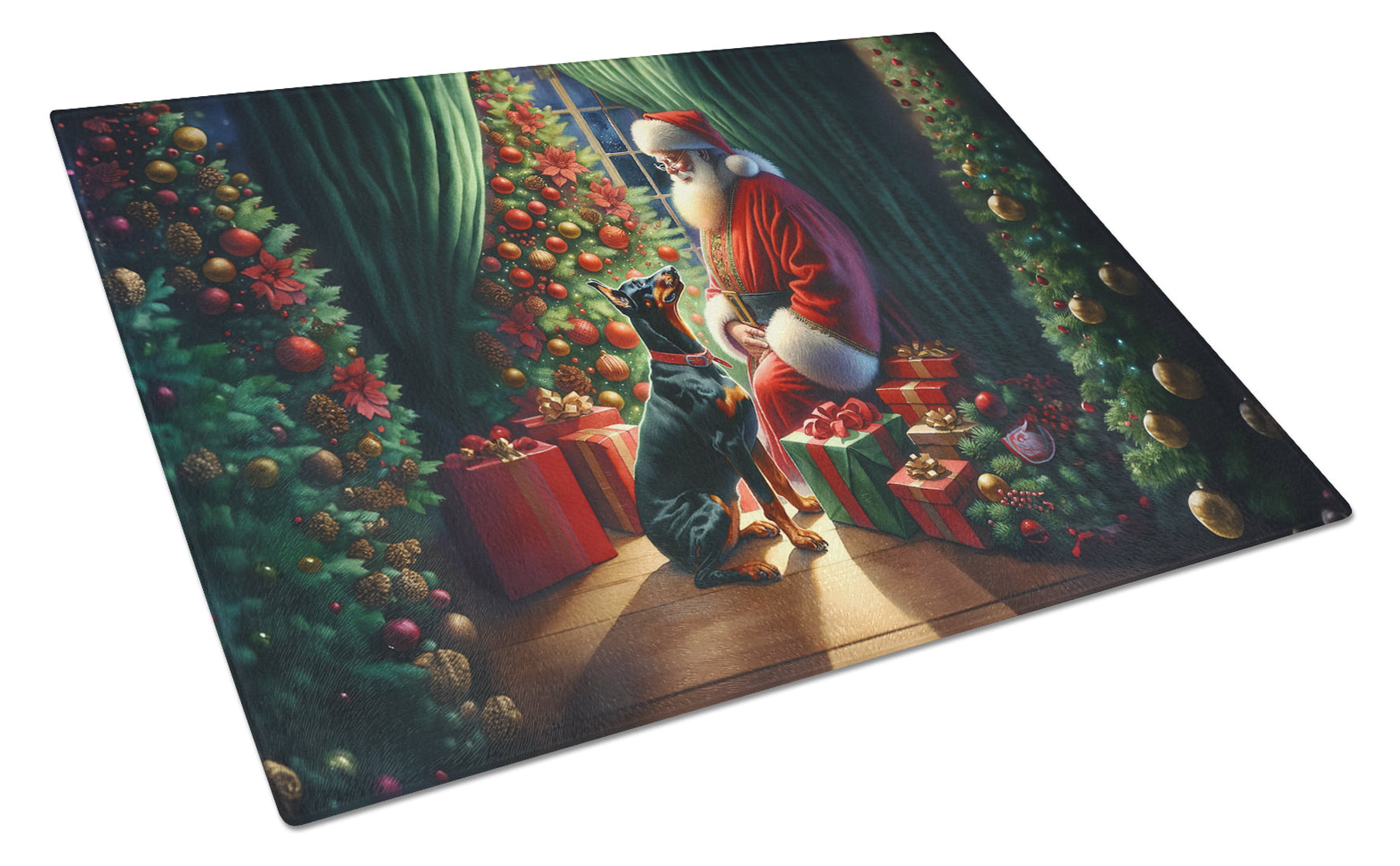 Doberman Pinscher and Santa Claus Cutting Board Tempered Glass Kitchen Cutting Surface, Heat Resistant Chopping, Non-Slip Feet, Food Prep & Serving