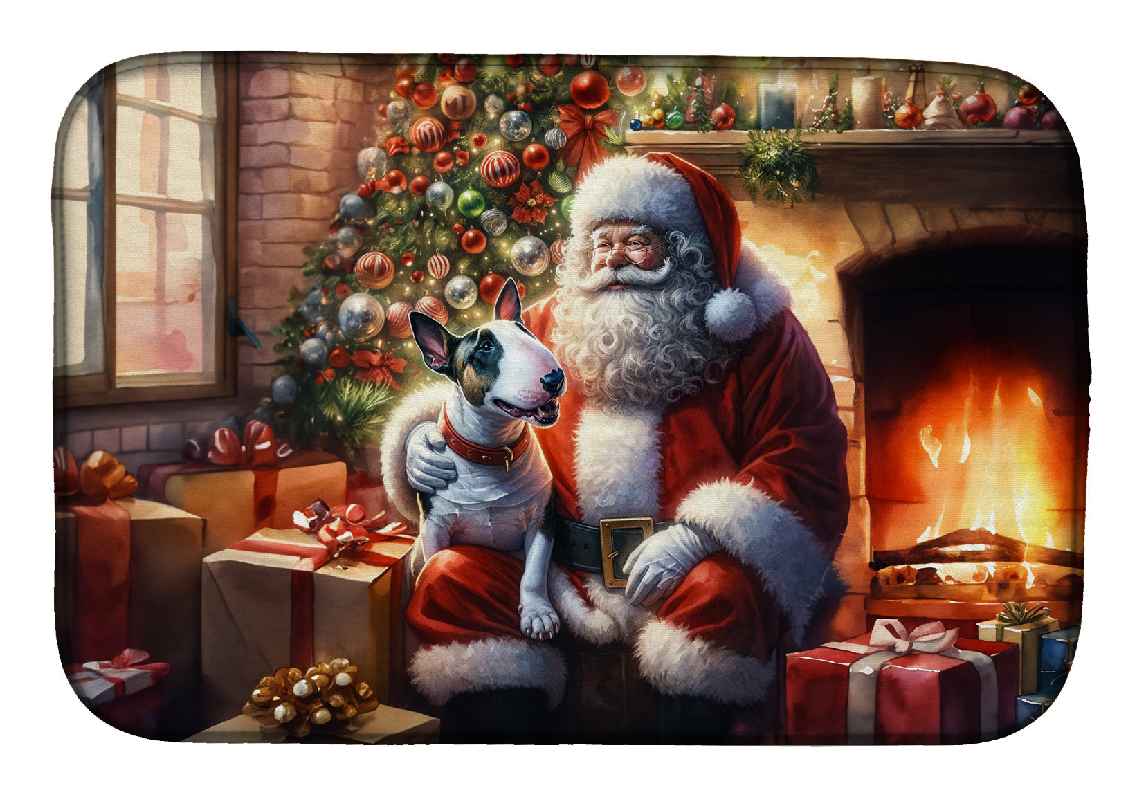 English Bull Terrier and Santa Claus Dish Drying Mat Absorbent Dish Drying Mat Pad for Kitchen Counter Dish Drainer Mat for Countertop, 14 x 21", Multicolor